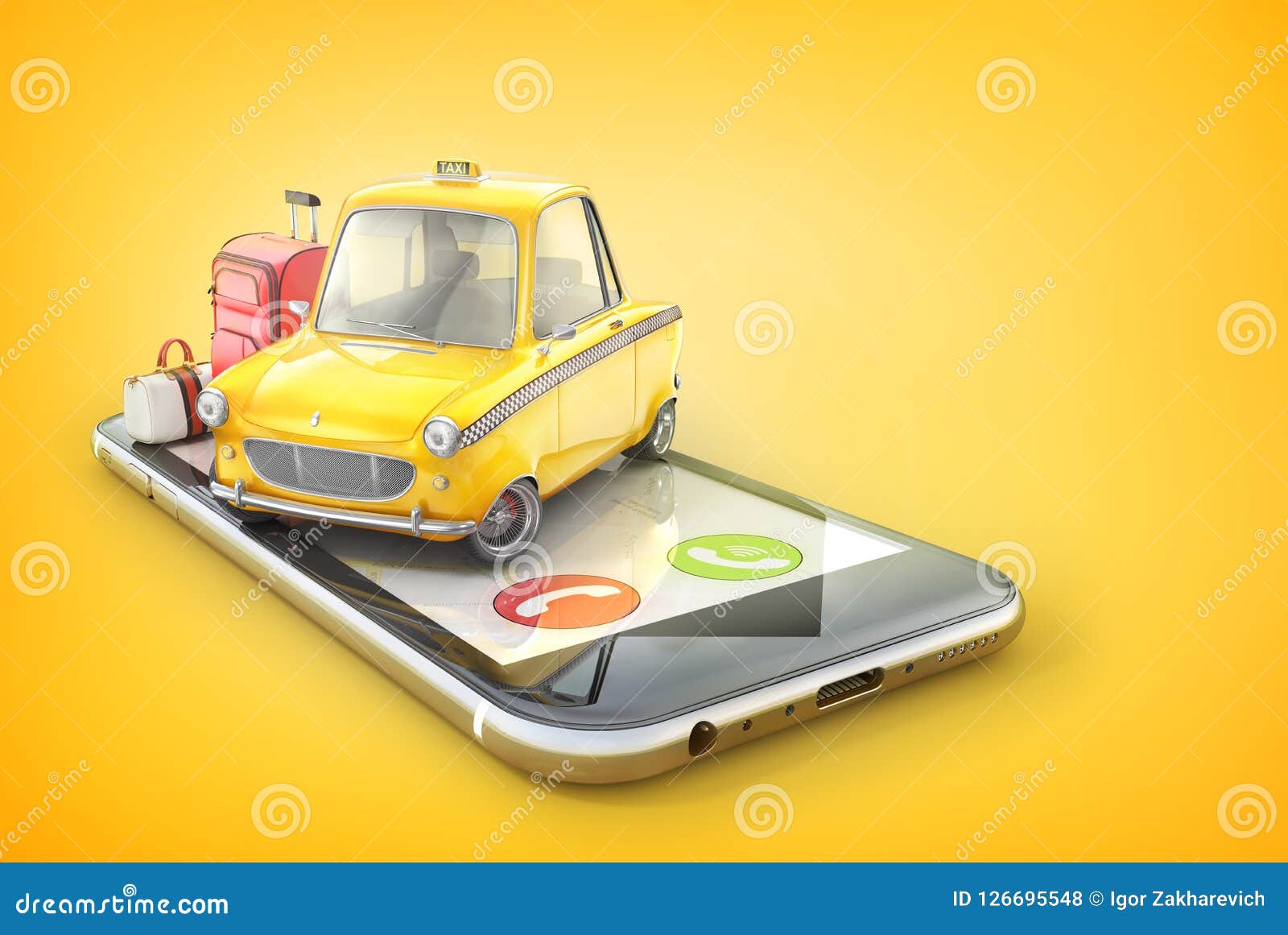 yellow retro taxi car on the phone screen on a yel