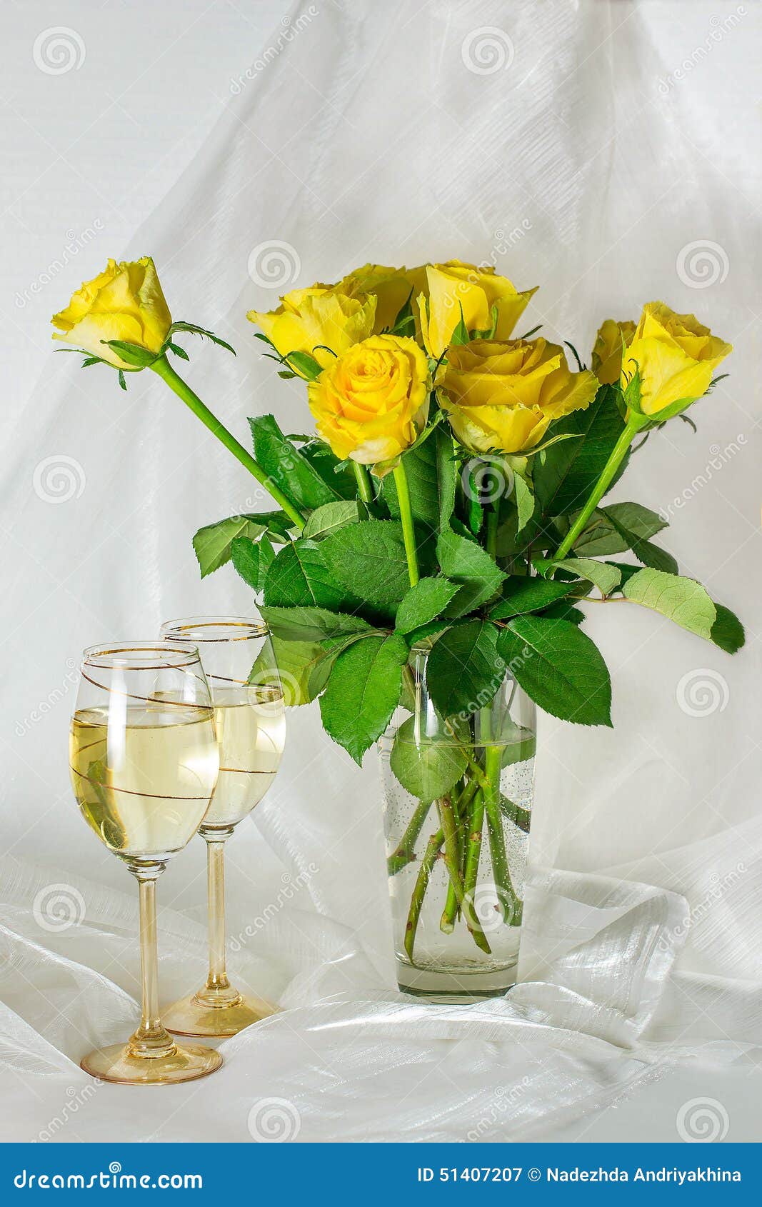 Yellow Roses and Glasses of Wine Stock Image Image of roses, drink