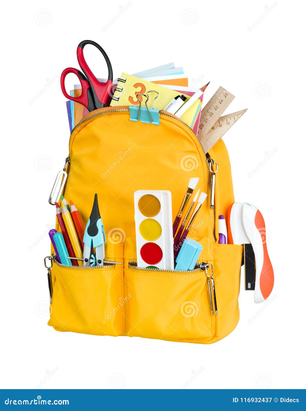 Yellow School Backpack with School Supplies Isolated on White