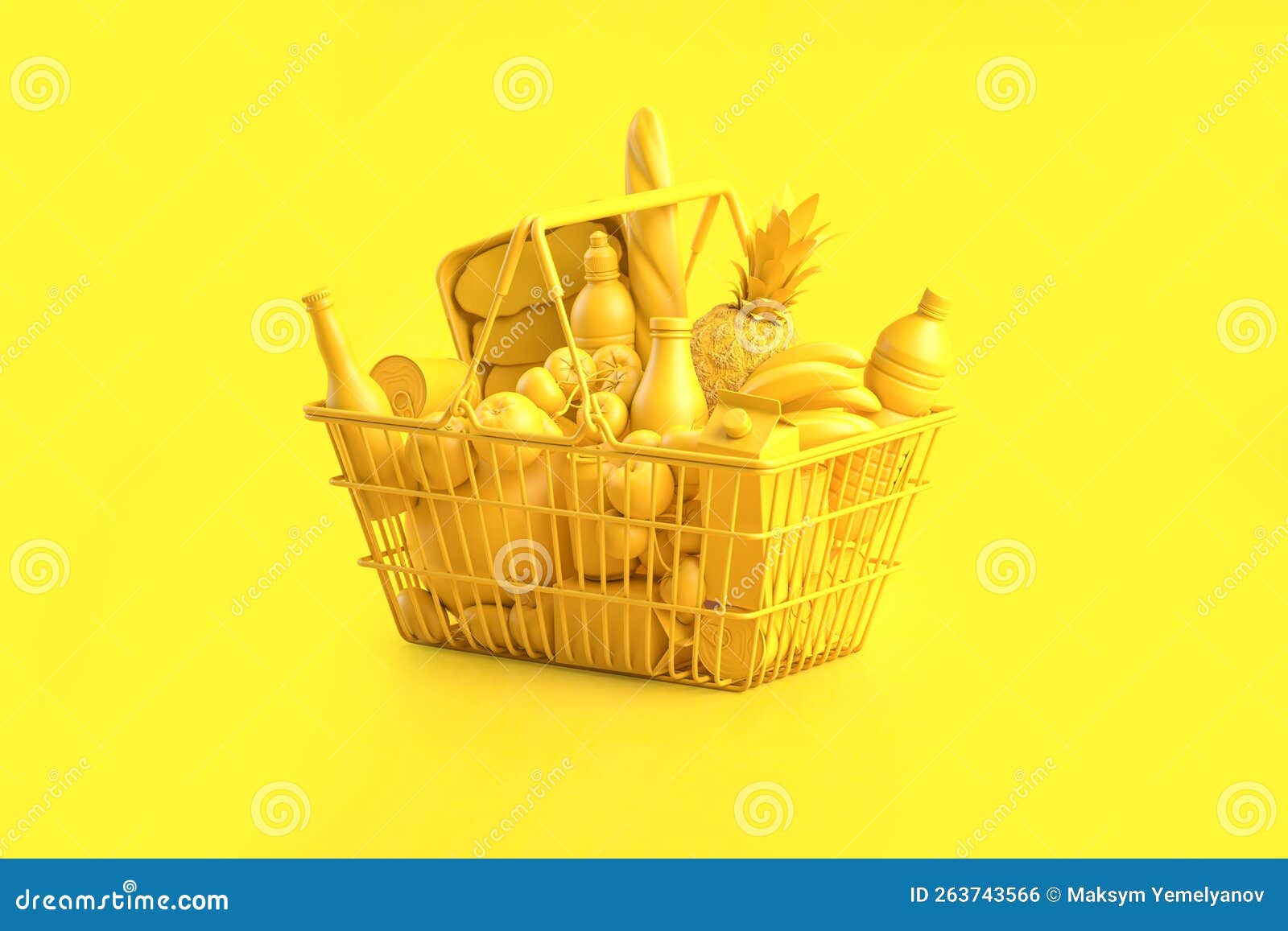 yellow shopping basket with yellowfood on yellow background. food buyng online and delivery