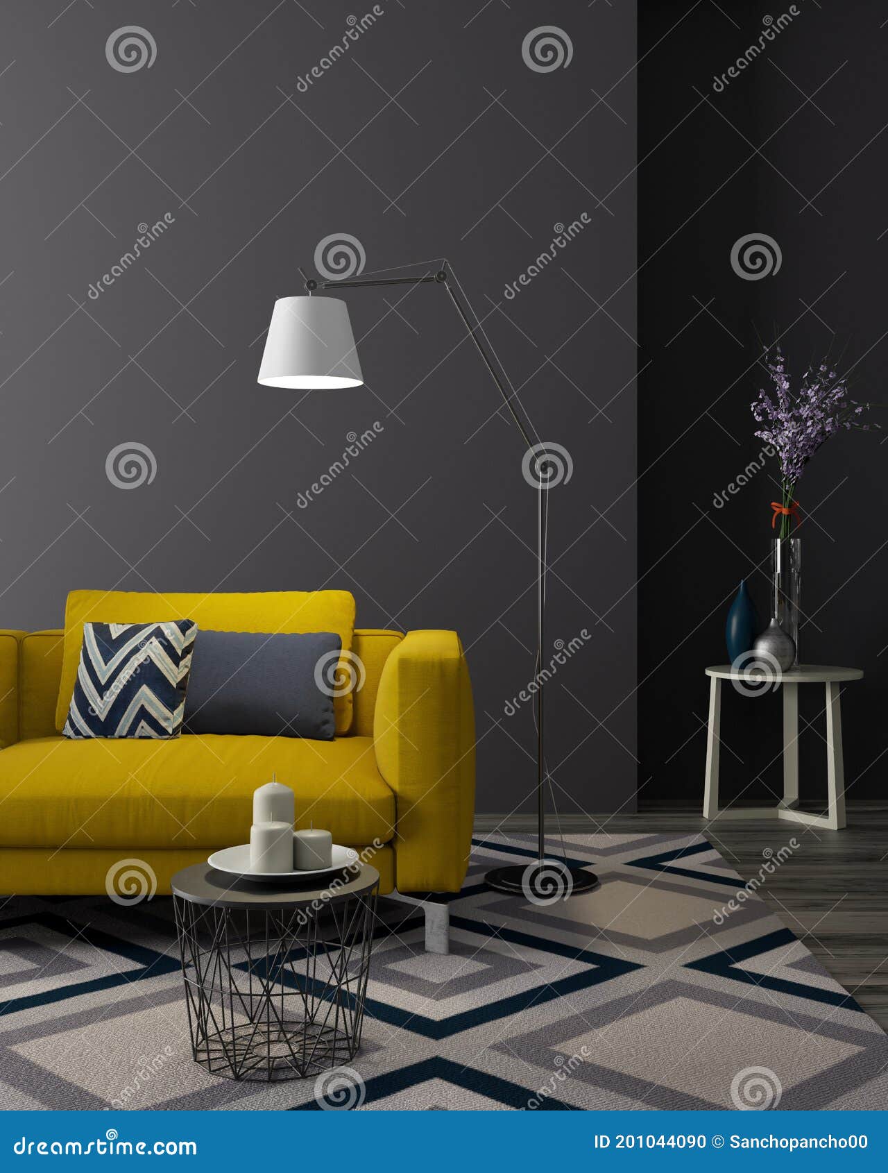 Yellow Sofa In A Dark Living Room 3d Render Stock Illustration Illustration Of Fashionable Interior 201044090
