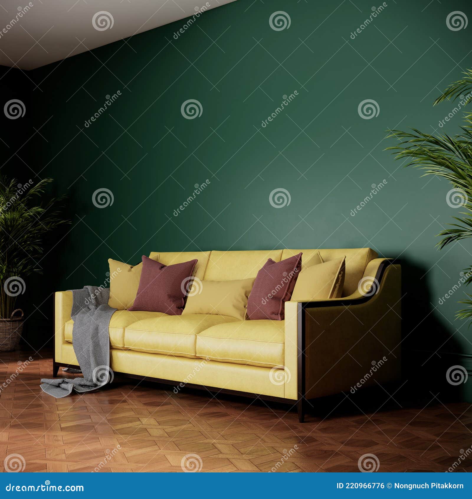 Yellow Sofa in Green Color Room. Interior Design Stock Illustration -  Illustration of backgrounds, elegance: 220966776