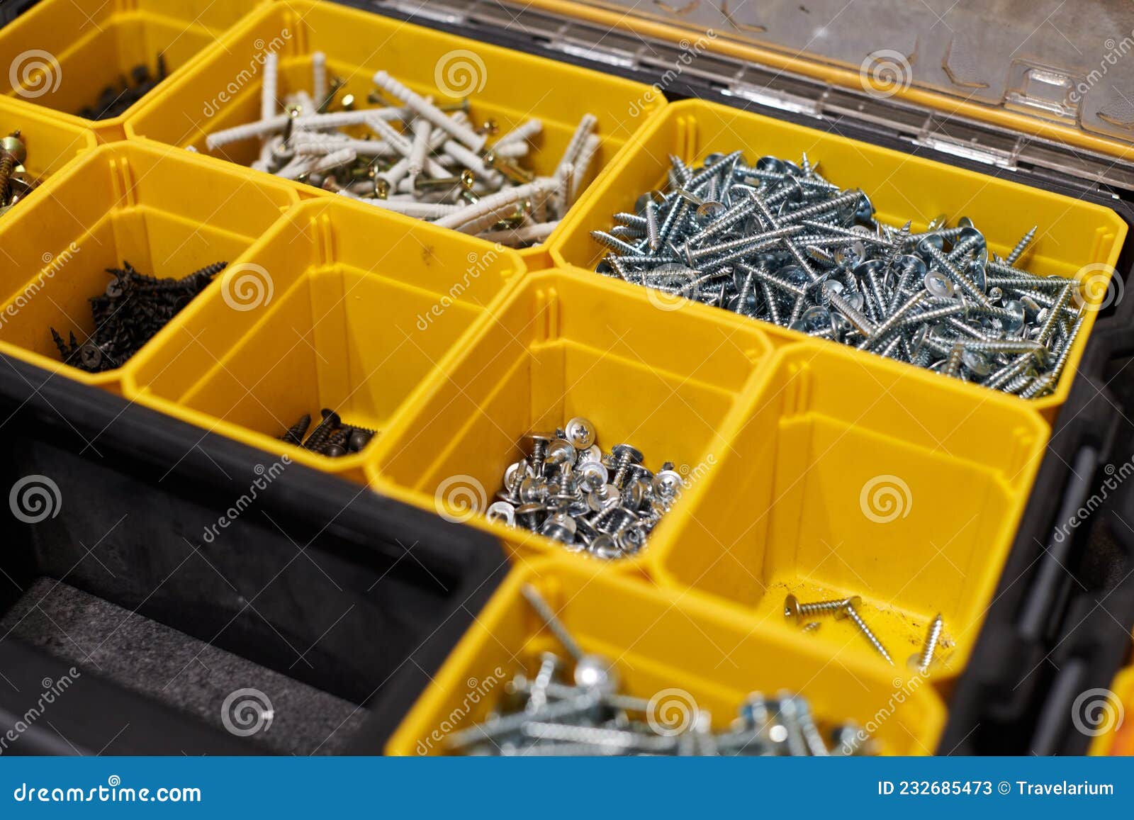 Yellow Storage Case with Screws, Nuts, Bolts, Nails and Other Small