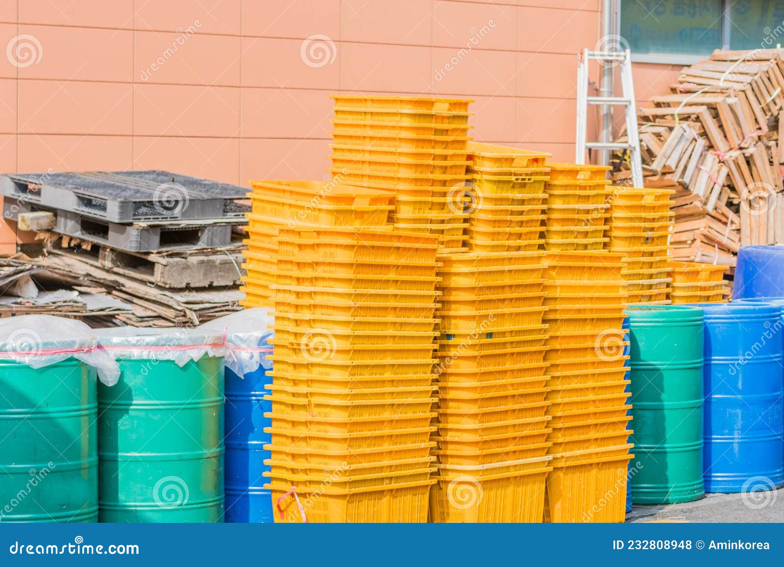 Yellow Storage Crates Stacked Against Wall Stock Photo Image of