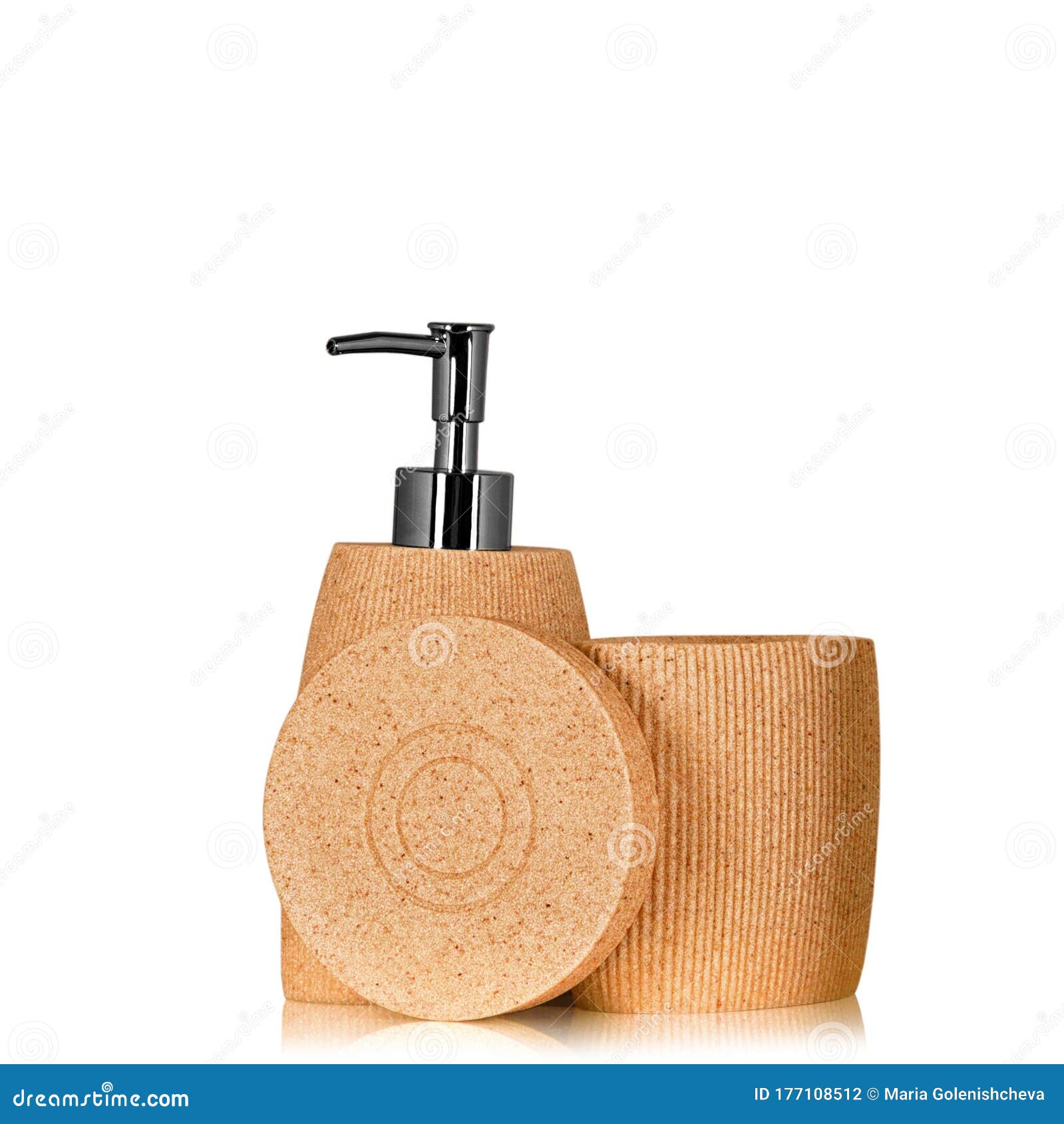 Yellow Bathroom Set of 3 Accessories with Reflection Isolated on White