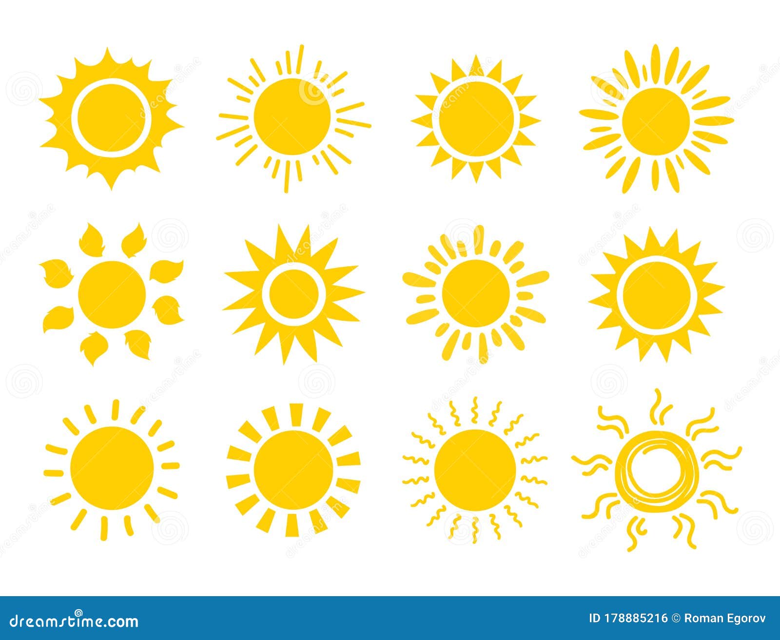 yellow sun icon set. orange summer spring sunshine rays. weather bright sunlight sing.  sunrise logo