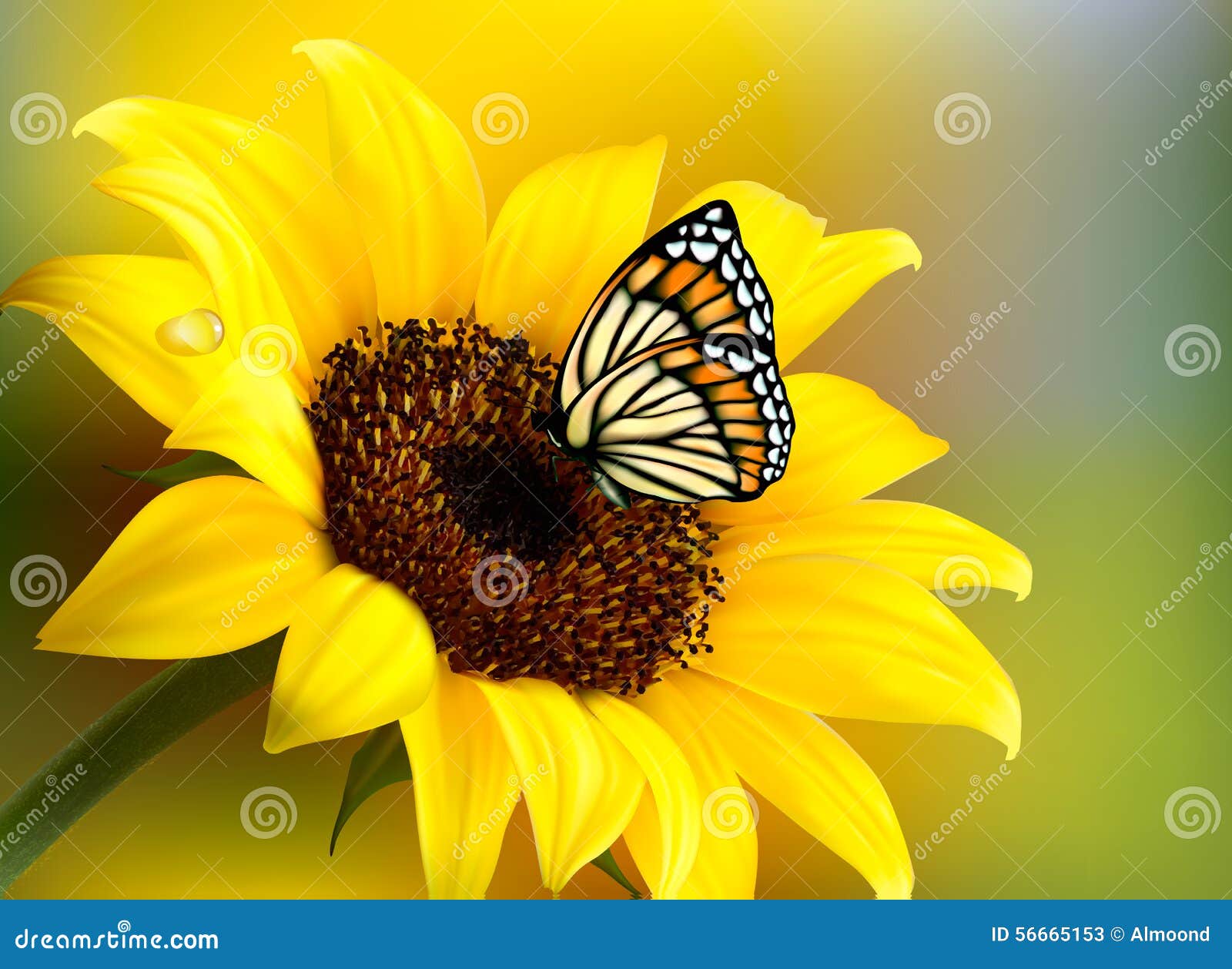 Yellow Sunflower With A Butterfly. Stock Vector - Image: 56665153