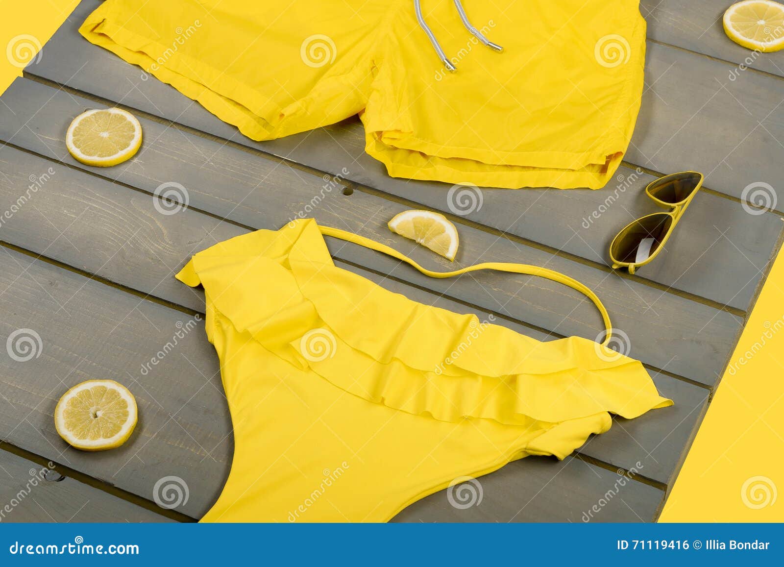 Yellow Swimsuit One-piece, Aviator Sunglasses Stock Photo - Image of ...