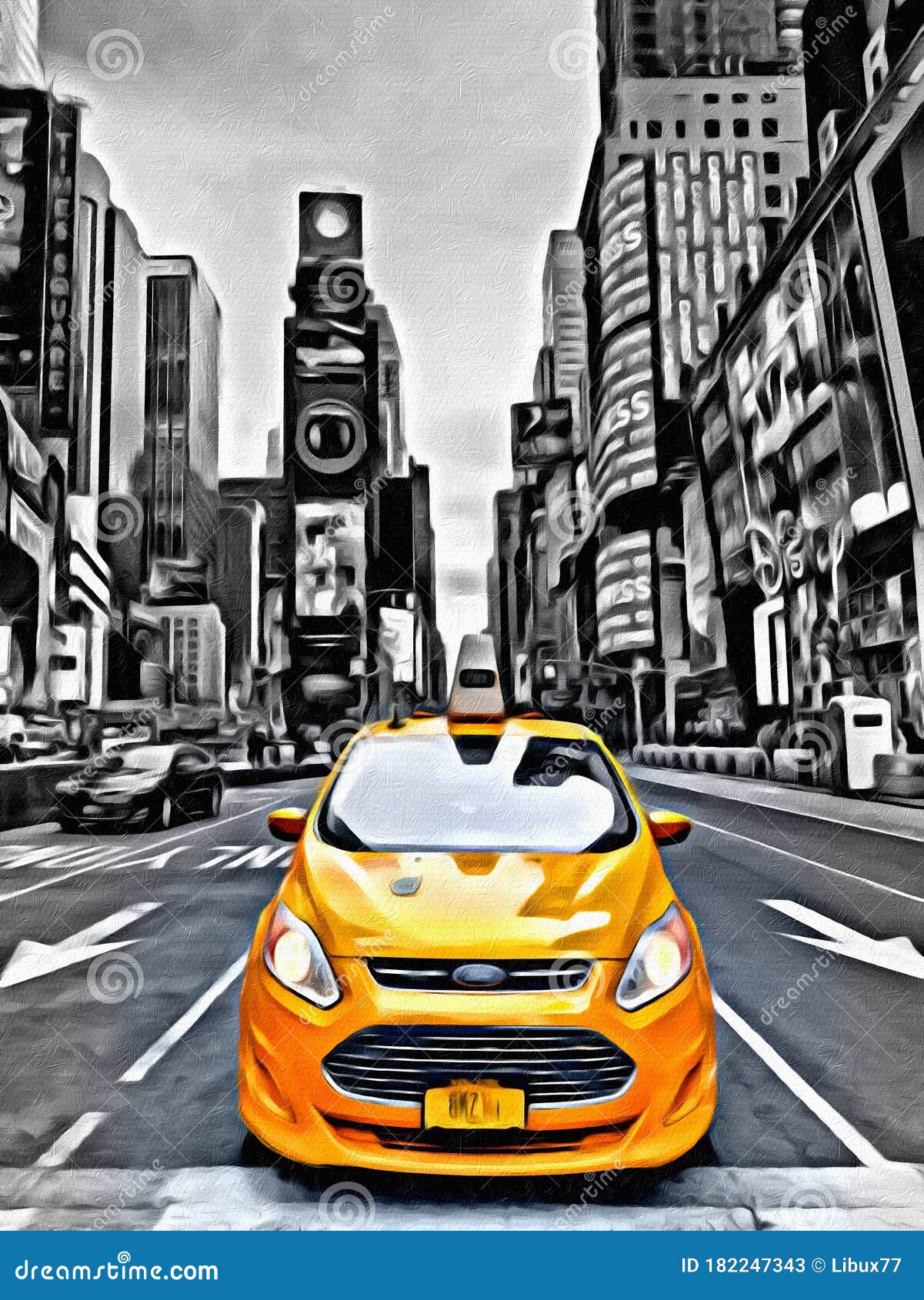 yellow taxi in black and white times square manhattan new york city usa artistic painting brushed