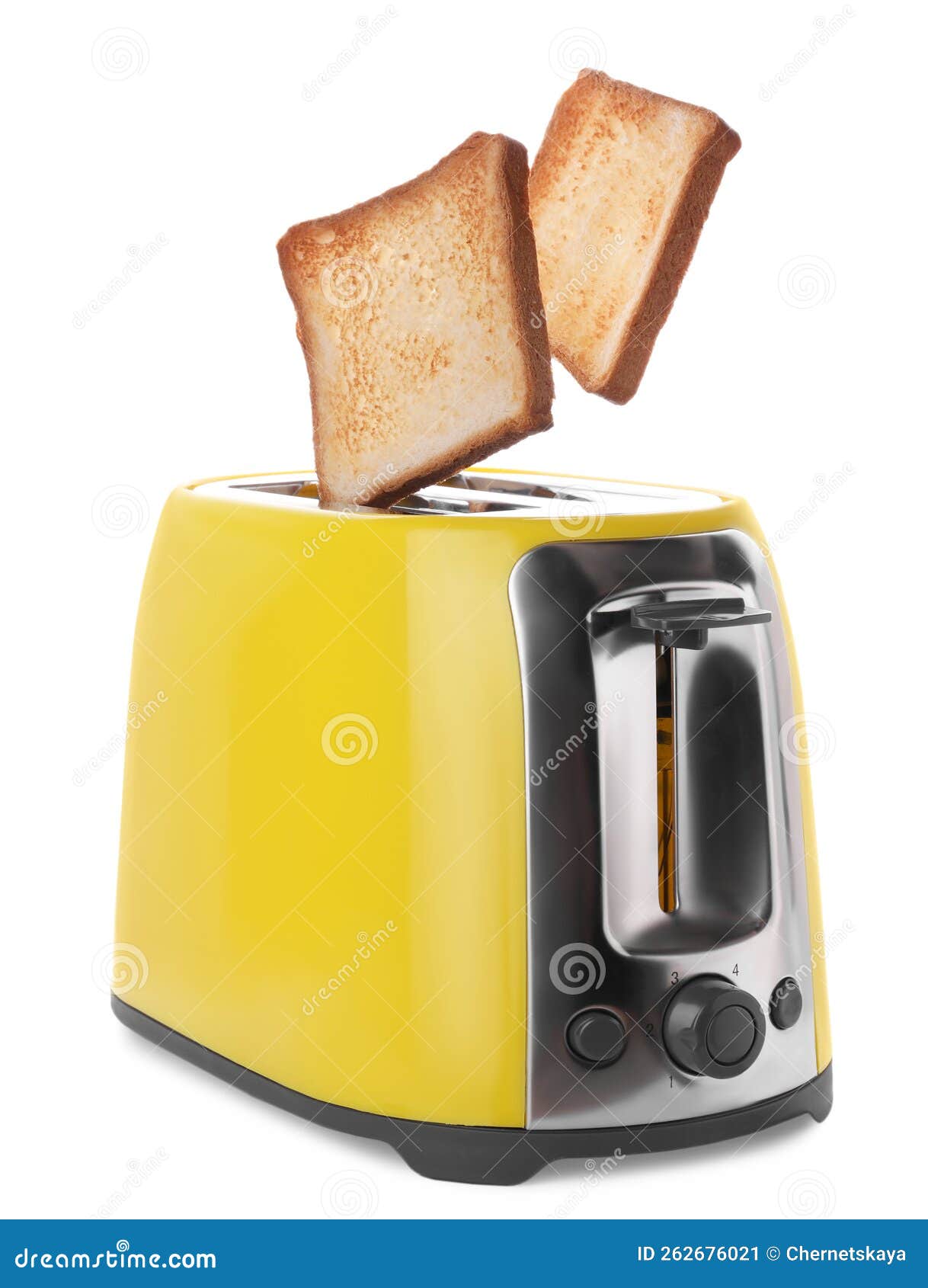 Yellow Toaster with Roasted Bread Slices on White Background Stock