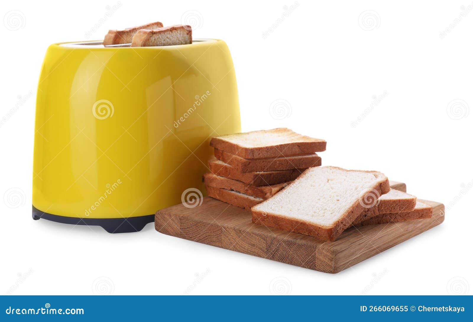 Yellow Toaster with Roasted Bread Slices on White Background Stock