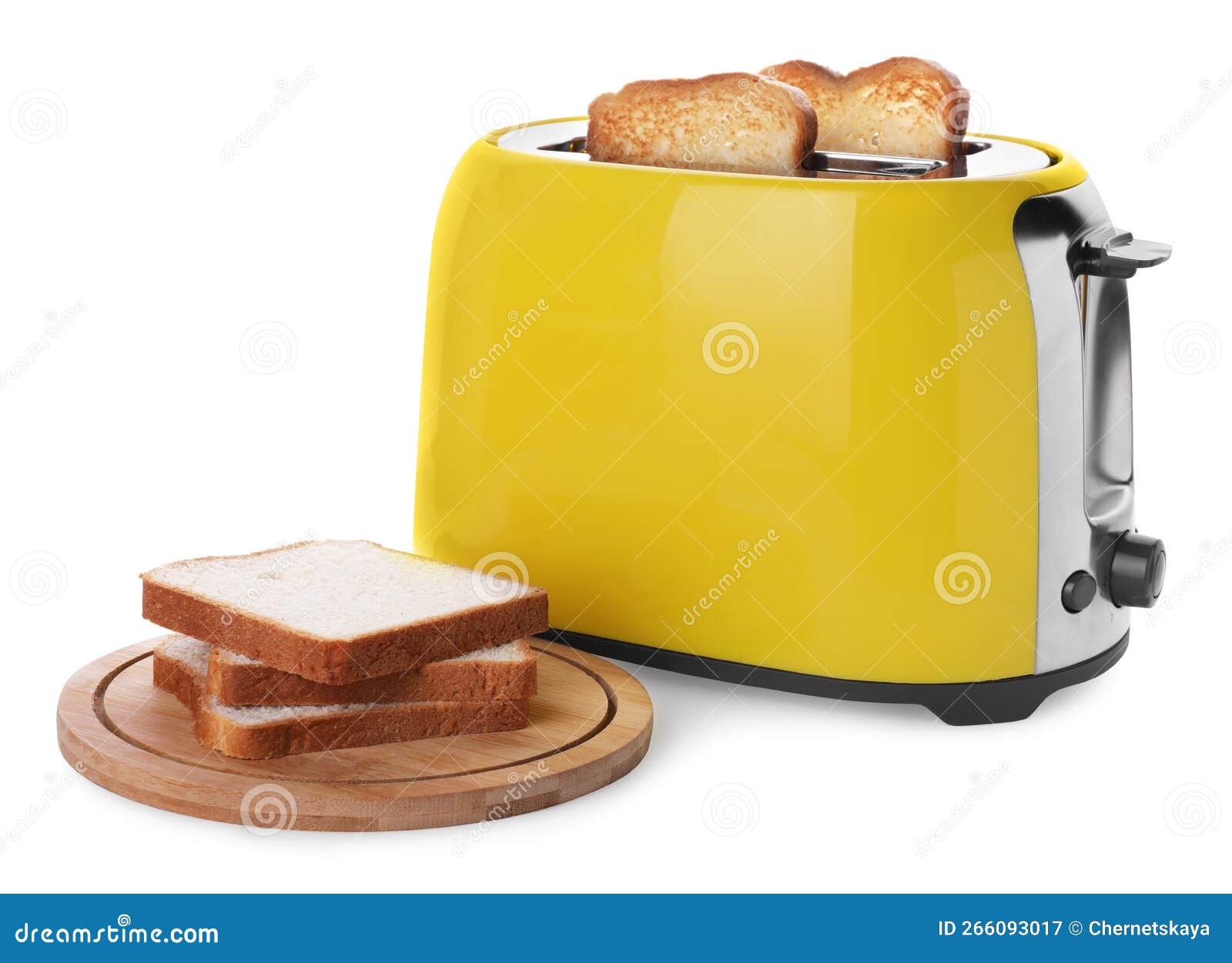 Yellow Toaster with Roasted Bread Slices on White Background Stock