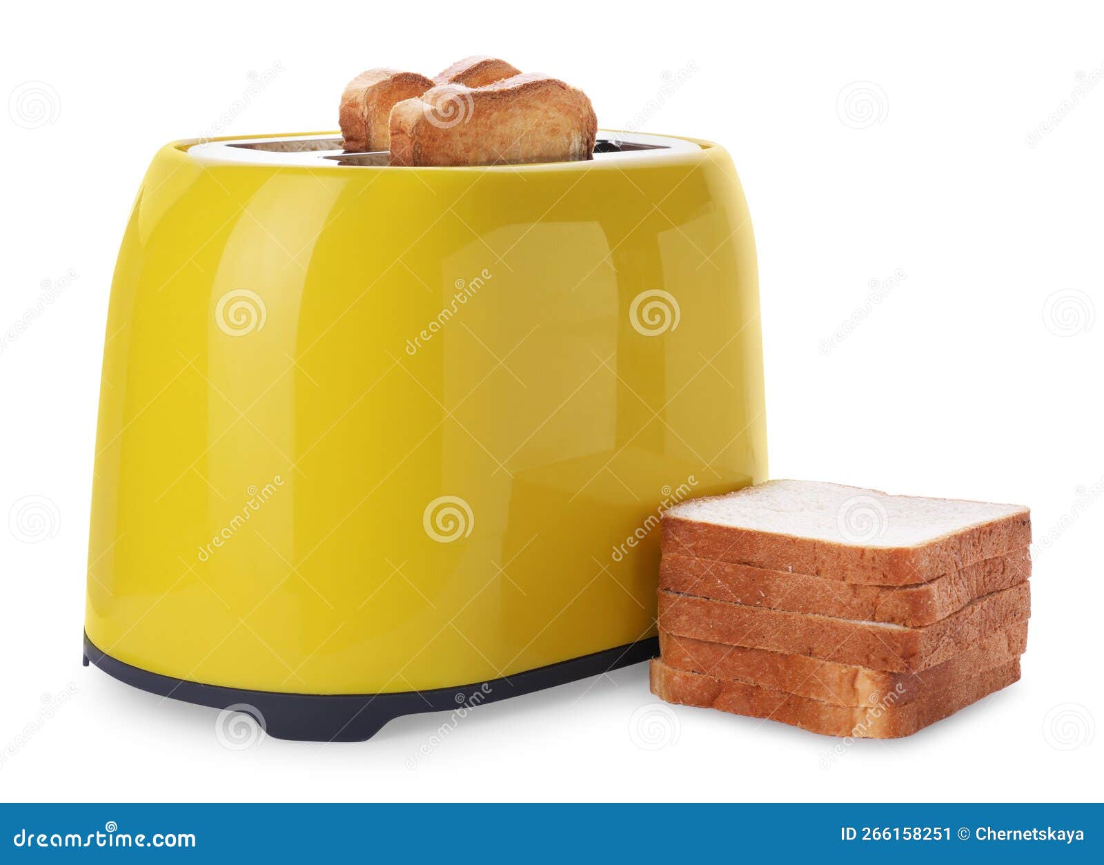 Yellow Toaster with Roasted Bread Slices on White Background Stock