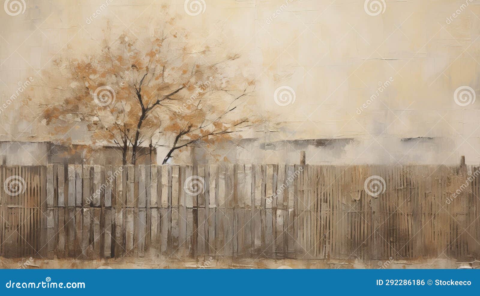 yellow tree against fence: soft muted palette urban landscape painting