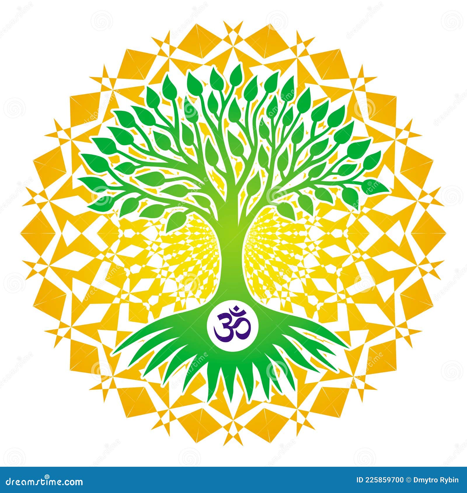 the yellow tree of life in a circle on a blue and red background. spiritual, mystical and ecological symbo