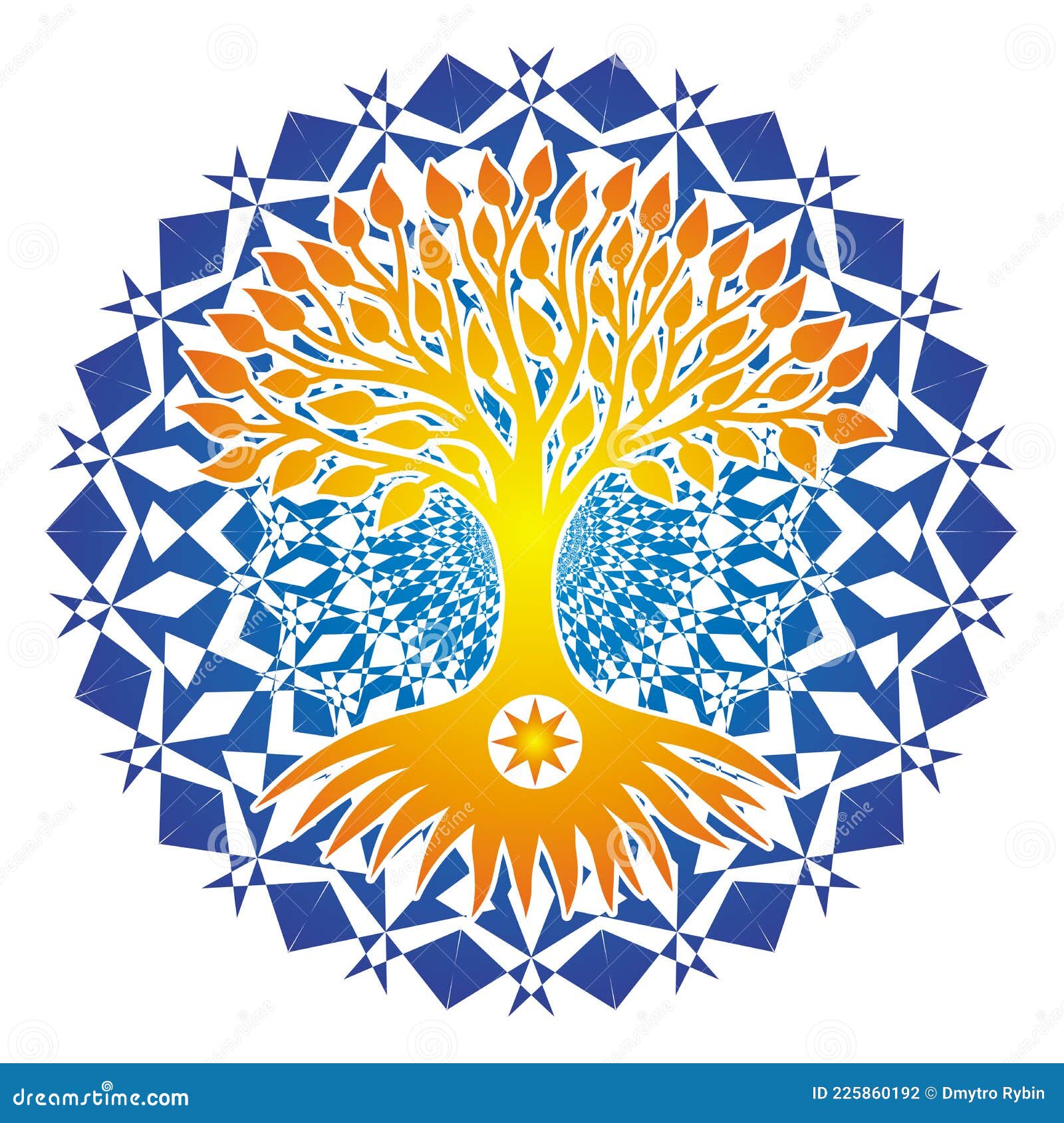 the yellow tree of life in a circle on a mandal blue tracery background. spiritual, mystical and ecological .