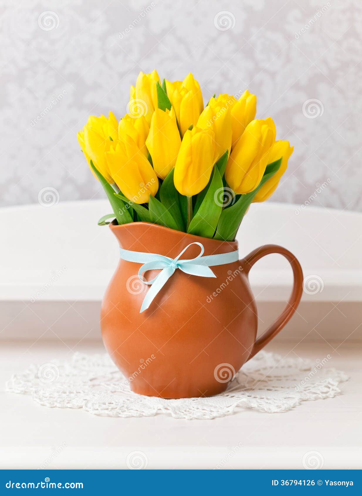 Yellow Tulips in Vase with Blue Bow Stock Photo Image of celebrate