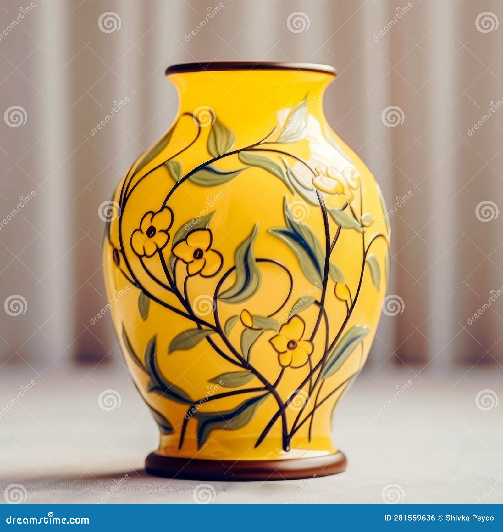 A Yellow Vase with a Floral Design Generative AI Stock Illustration