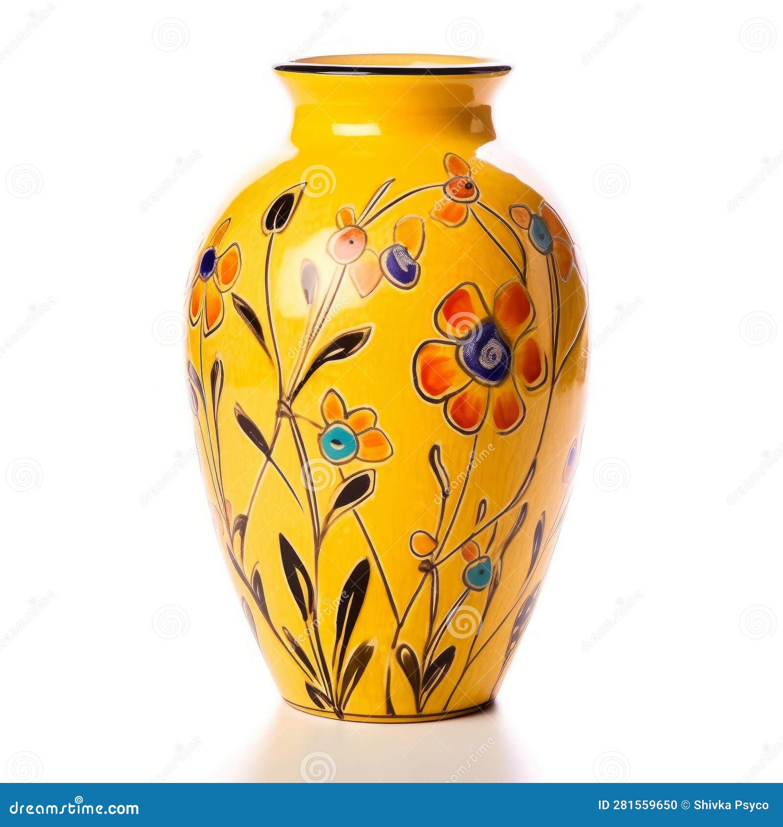 Yellow Vase with a Floral Design on White Background Generative AI