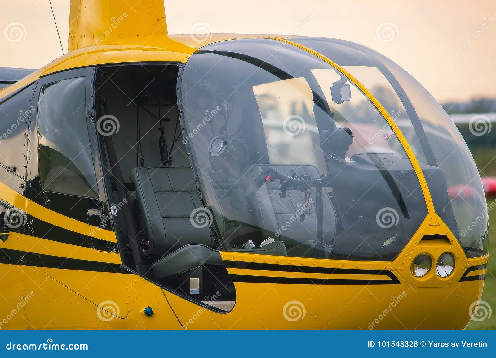 yellow vintage helicopter on stage. close up