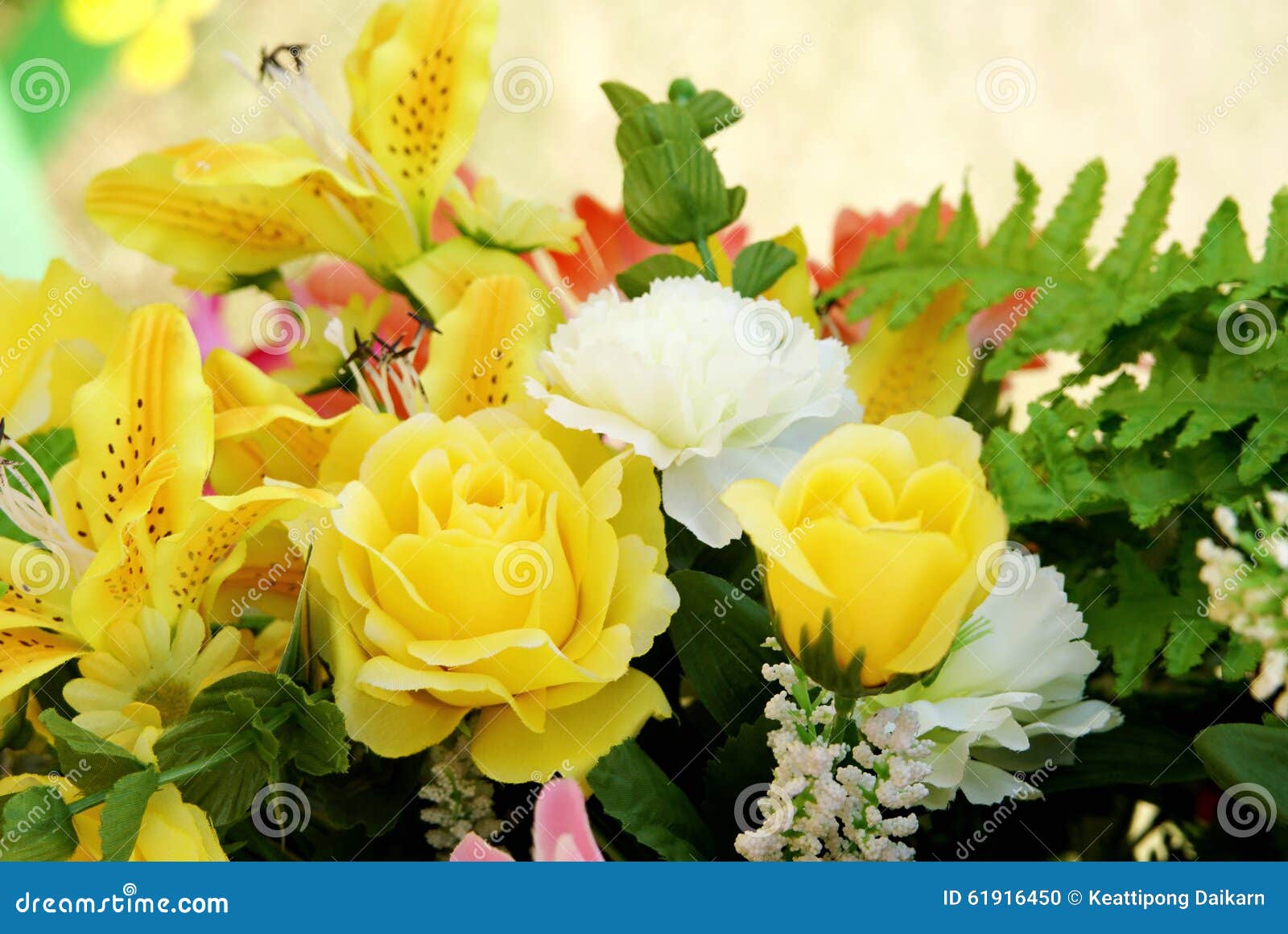 Yellow and White Artificial Flower with Green Leaf Stock Photo Image