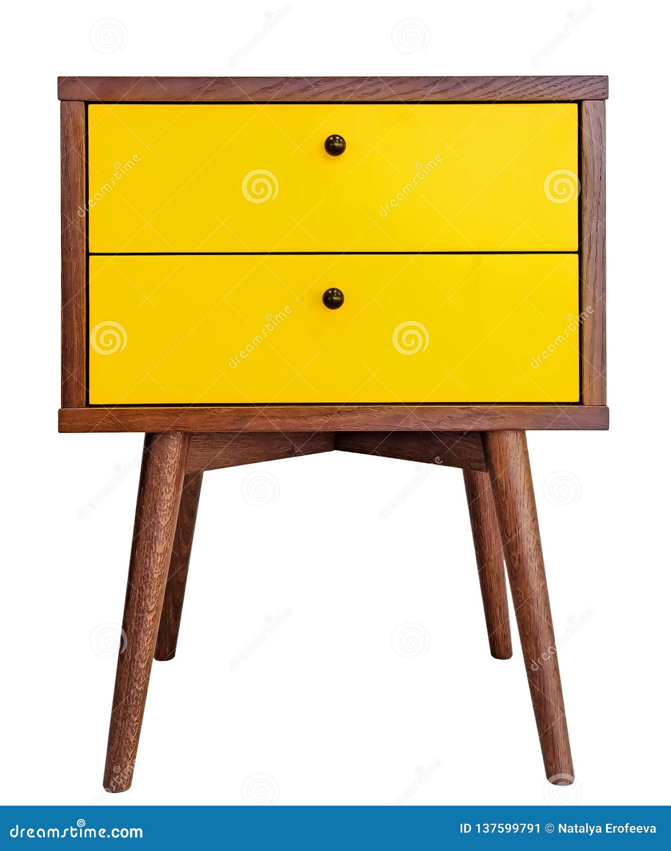 yellow wood bedside table. modern er nightstand  on white background front view. cabinet with two drawers