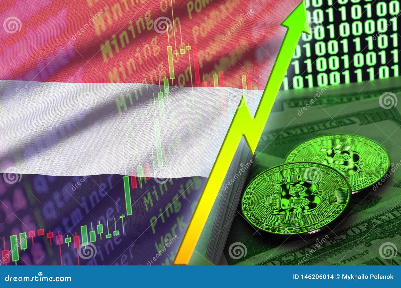 Yemen Flag and Cryptocurrency Growing Trend with Two Bitcoins on Dollar Bills and Binary Code