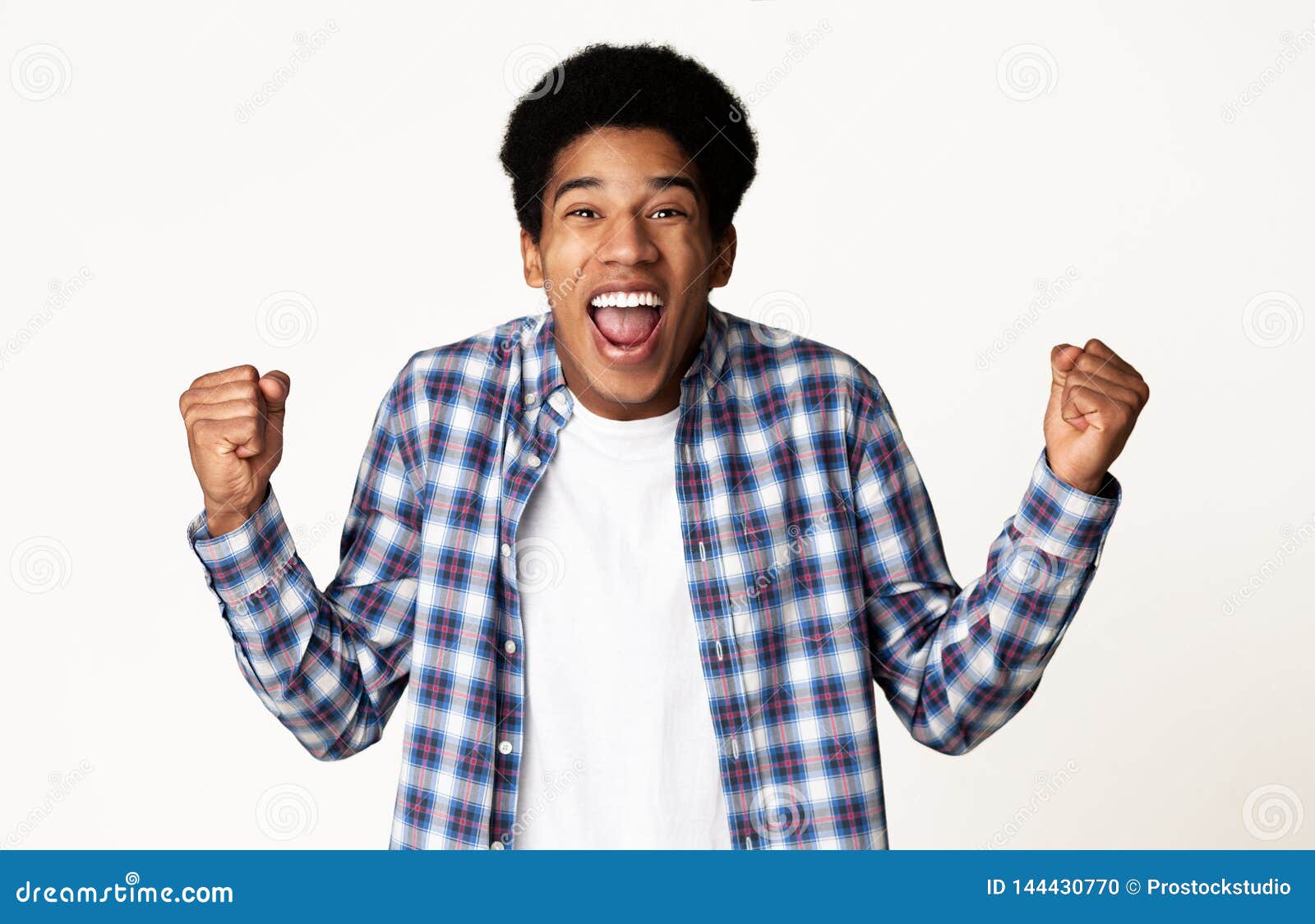 Yes, I Did it! Guy Celebrating Victory Over White Background Stock