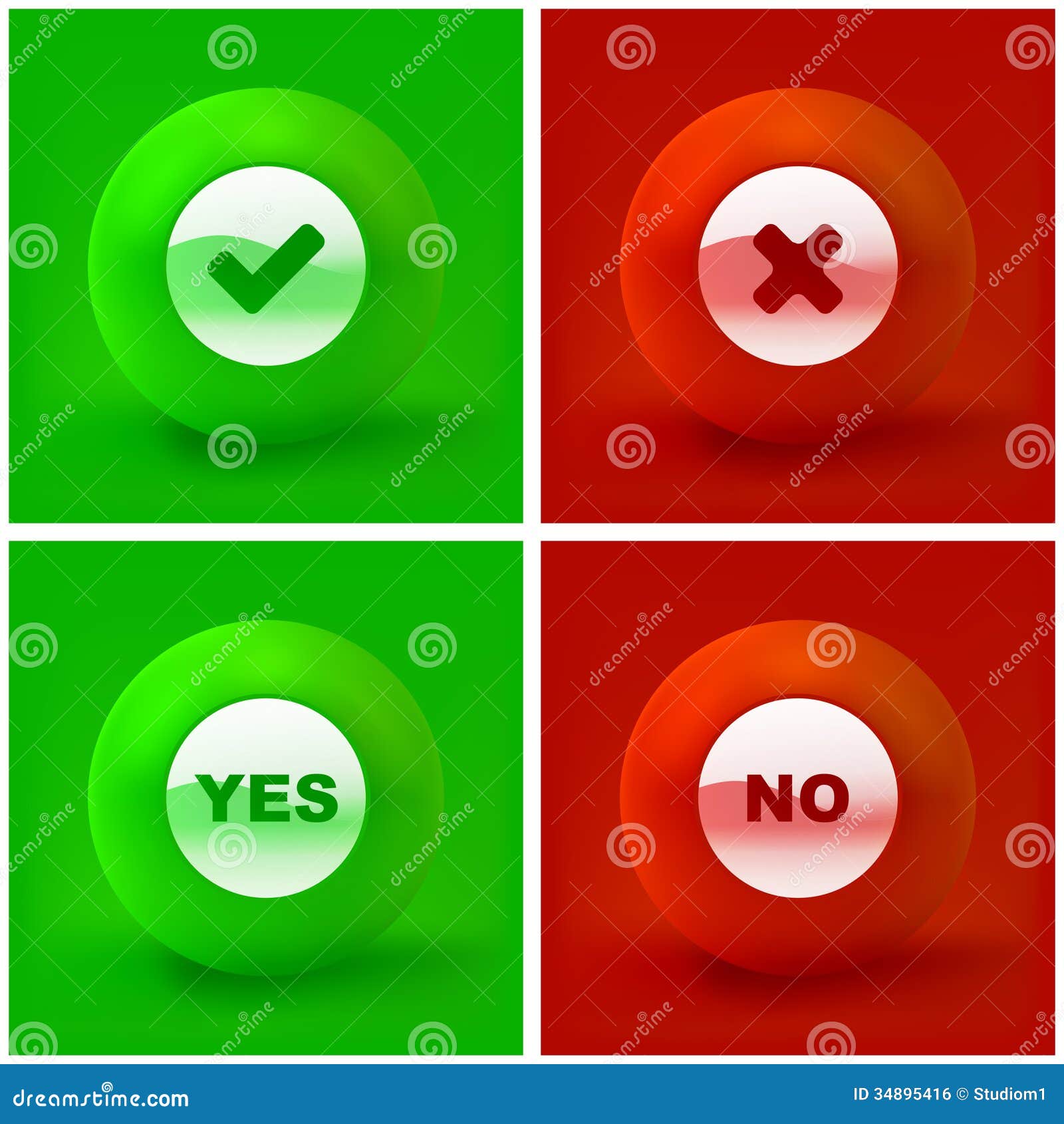 Yes and No Button list icons set, green and red isolated on white