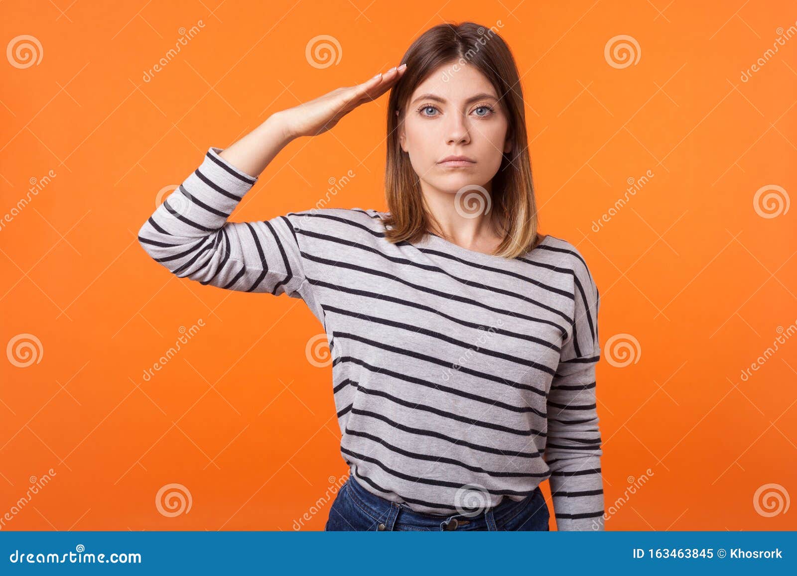 Yes Sir! Portrait of Obedient Serious Young Woman with Brown Hair in Long  Sleeve Striped Shirt. Indoor Studio Shot Isolated on Stock Image - Image of  face, adult: 163463845