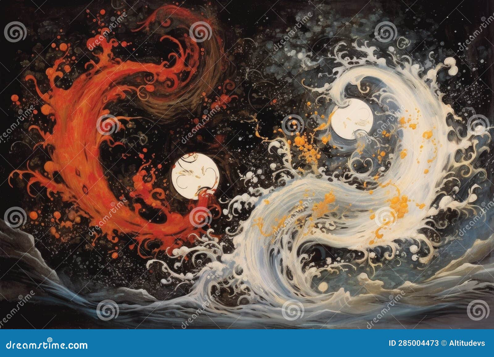 Yin Yang Formed with Swirling Water and Fire Elements Stock Image