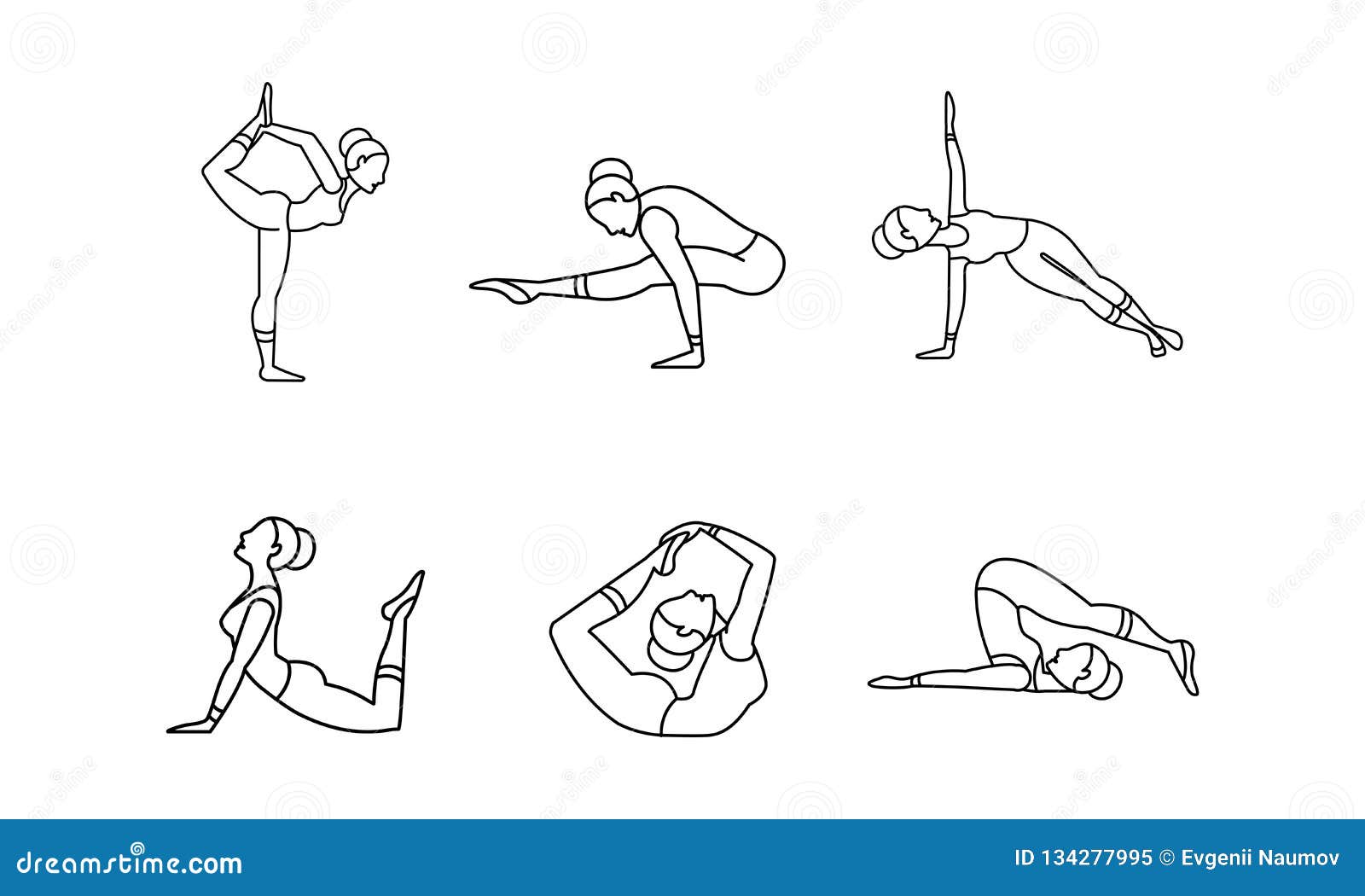 Yoga Asanas Linear Icons Set, Girl Practicing Yoga, Collection of Yoga ...