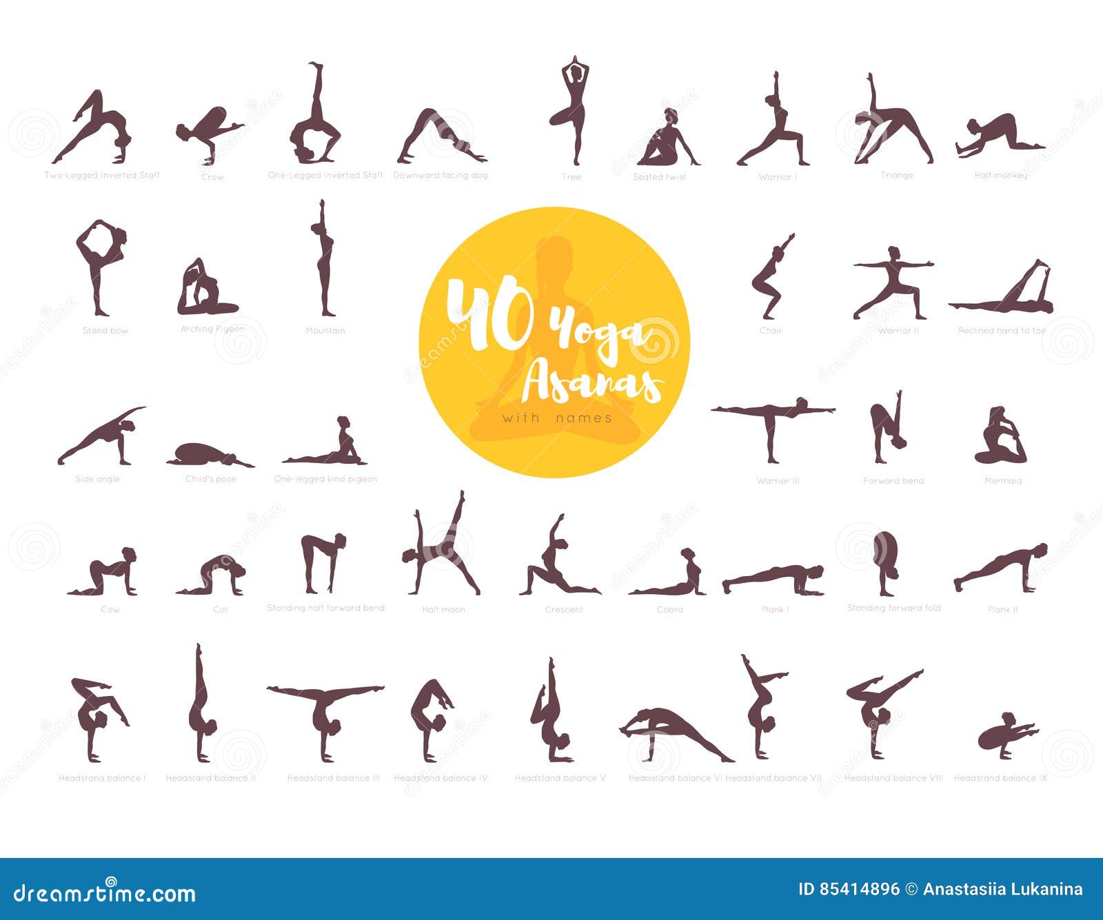 40 Yoga Asanas with names stock vector. Illustration of foot ...