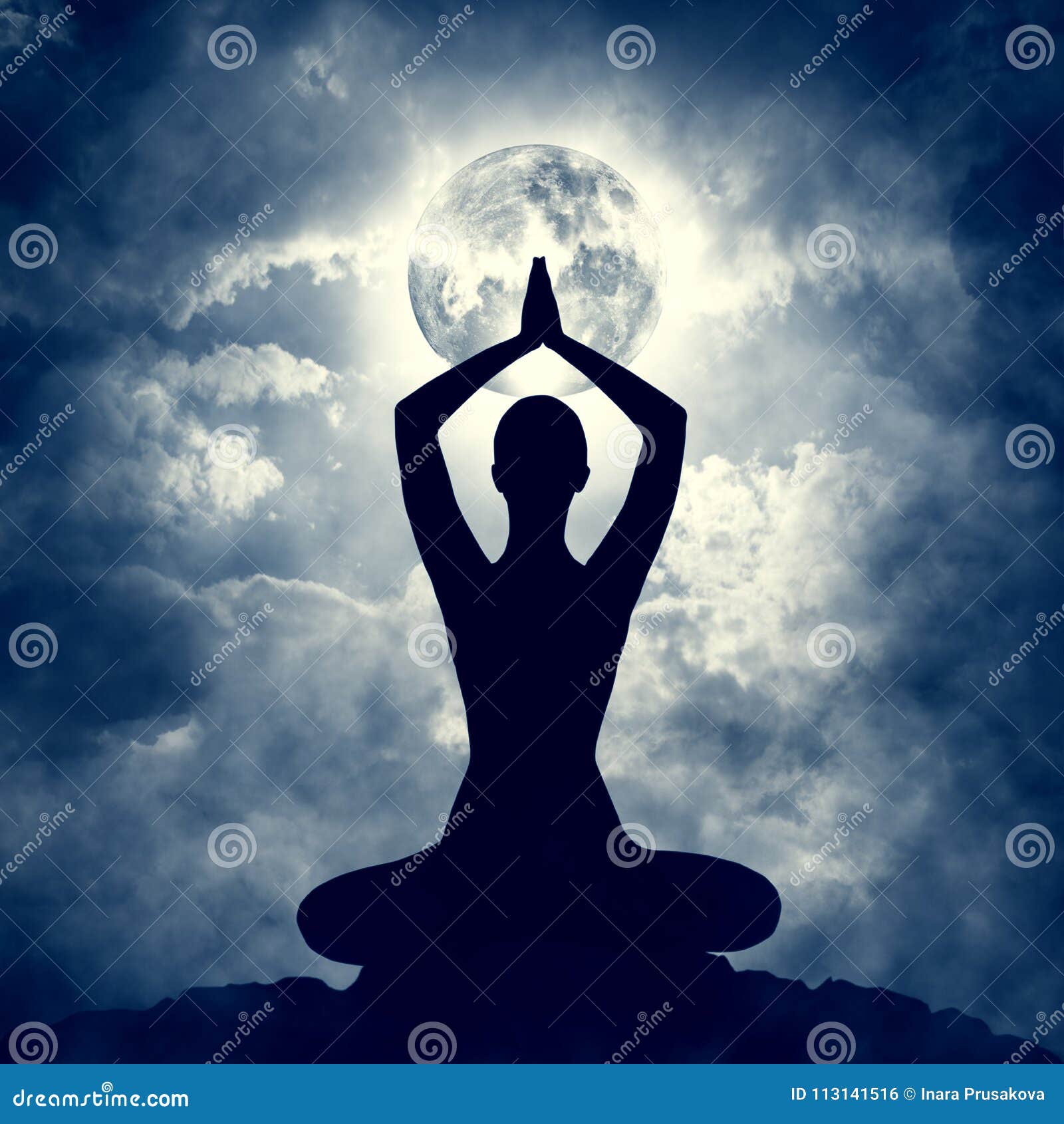 yoga body pose silhouette over moon night sly, meditation exercise