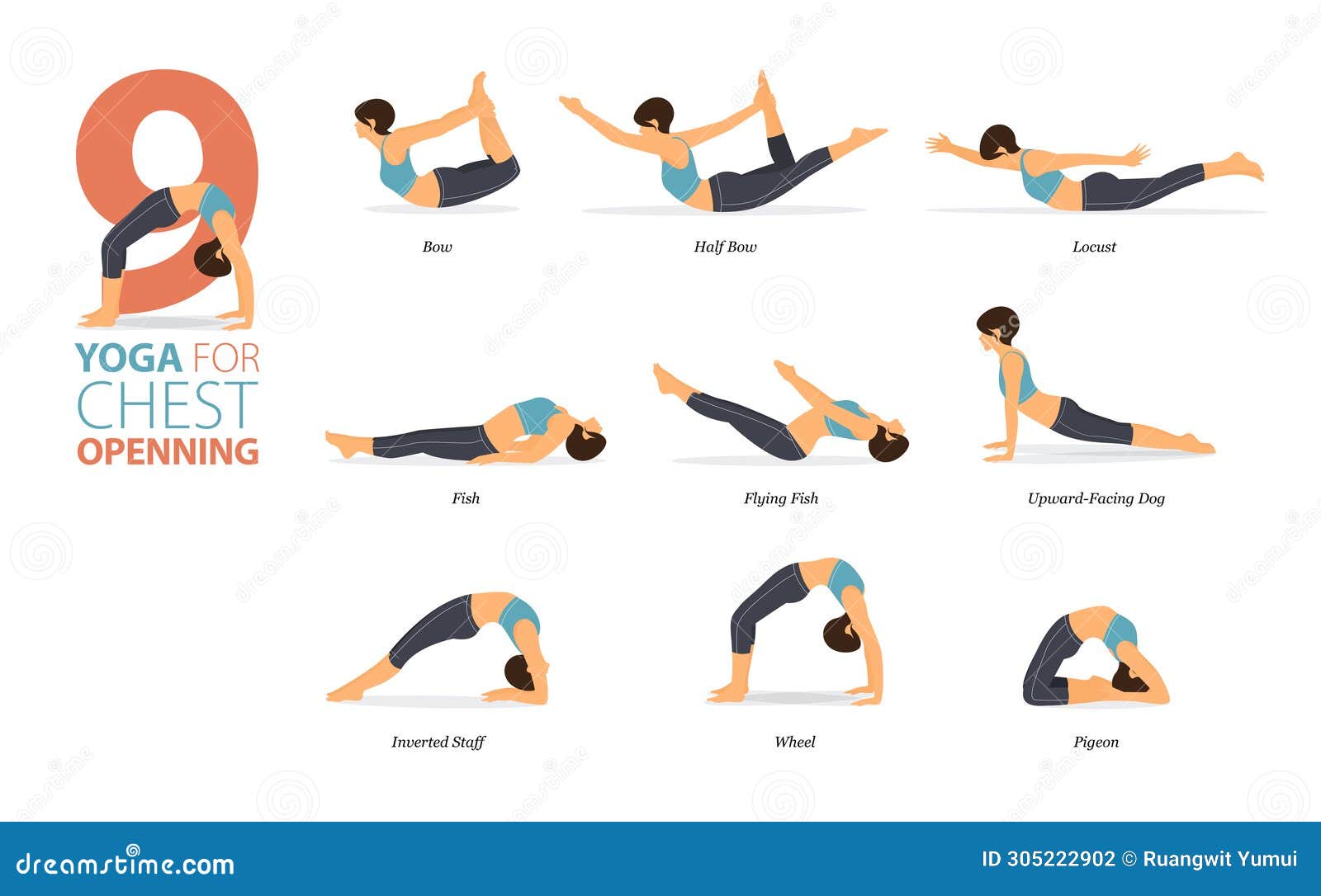 9 Yoga Poses for Workout in Concept of Chest Opening in Flat Design. Yoga  Posture or Asana for Fitness Infographic. Stock Vector - Illustration of  shoulder, stretch: 305222902