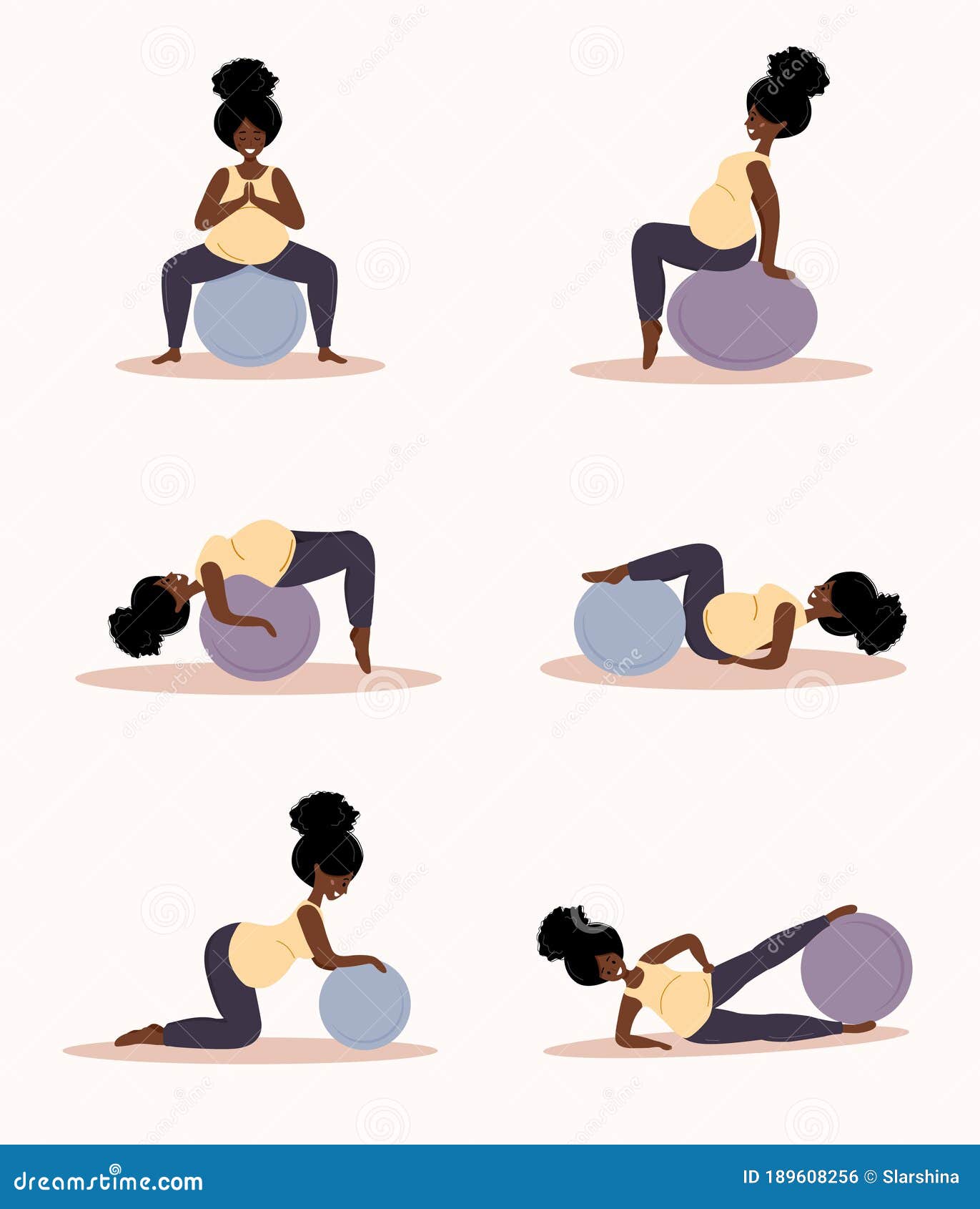 Yoga Durante El Embarazo. Colección De Ejercicios De Fitness Con Fitball.  Mujer Africana Haciendo Deporte. Atención De La Salud Y Ilustración del  Vector - Ilustración de casero, sano: 189608256