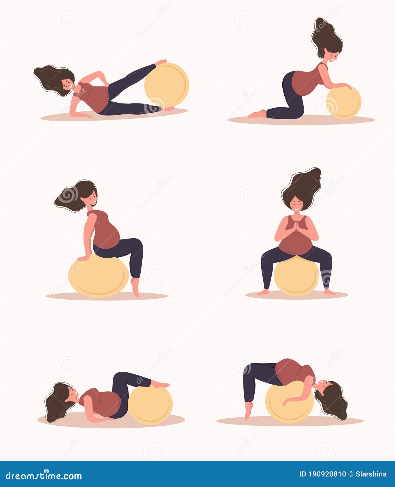 Yoga Durante El Embarazo. Colección De Ejercicios De Fitness Con Fitball.  Mujer Haciendo Deporte. Concepto De Salud Y Deporte Ilustración del Vector  - Ilustración de fondo, plano: 190920810