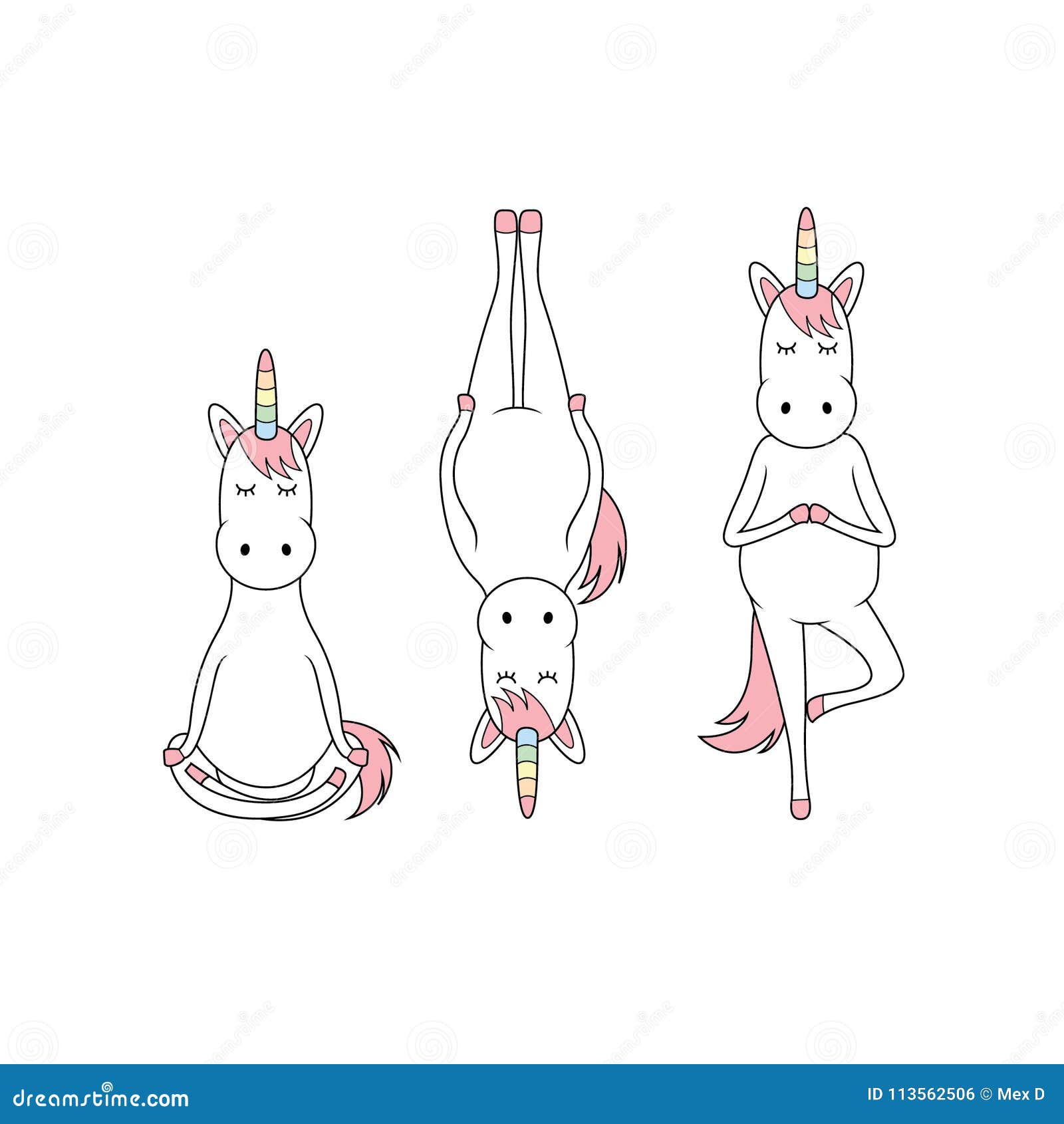 Yoga facente stabilita dell'unicorno con tre stili. Illustrazione di un unicorno che sta facendo l'yoga con un fronte piacevole e con uno stile differente