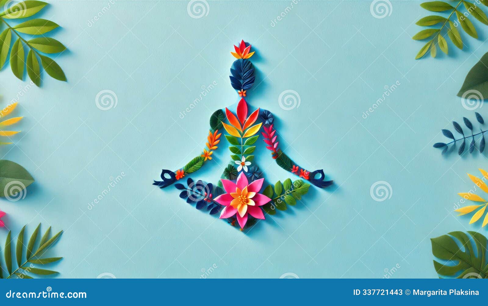 yoga figure composed of colorful leaves and flowers promoting balance and serenity