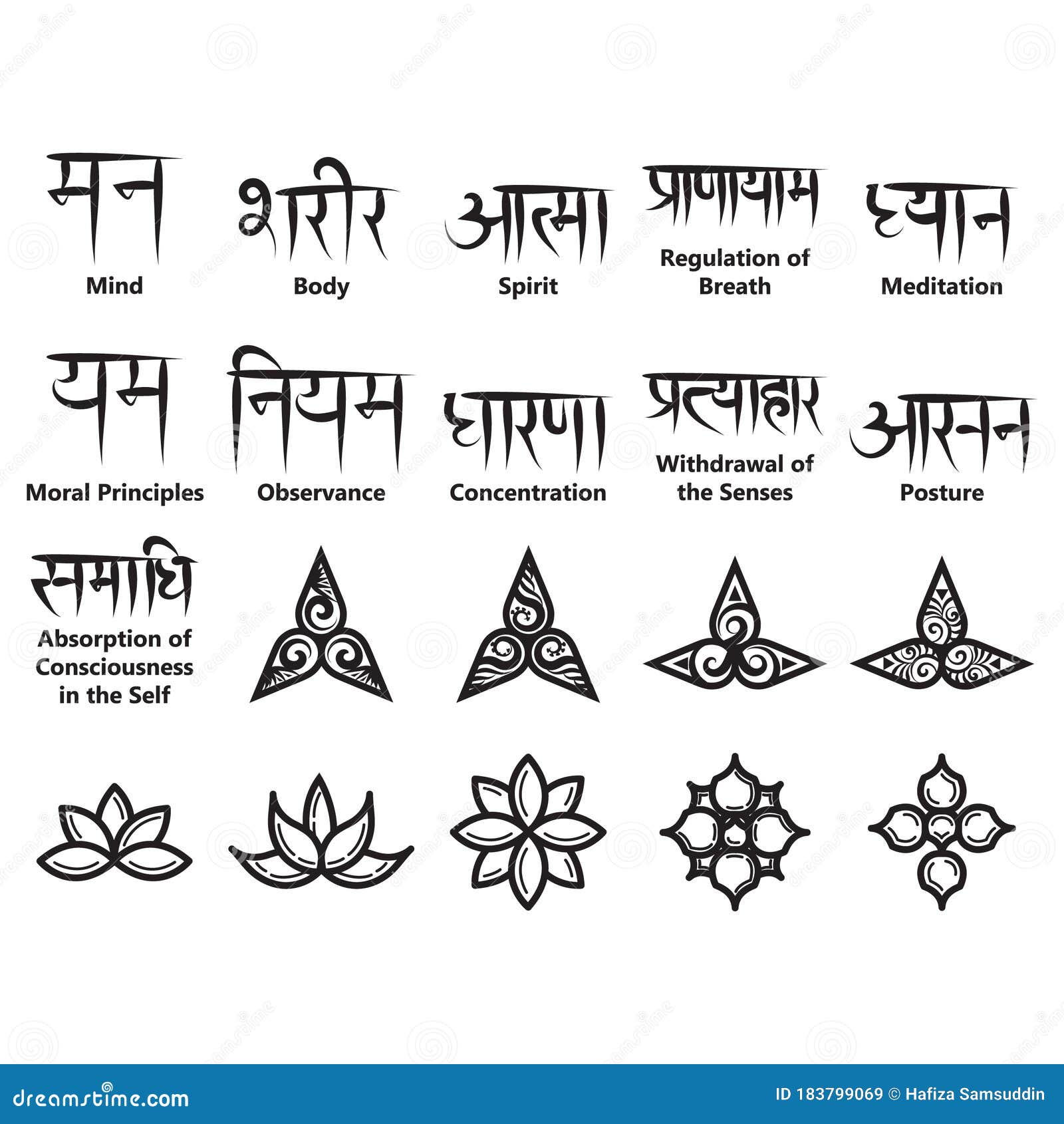 Yoga Icons and Sanskrit Texts. Vector Illustration Decorative