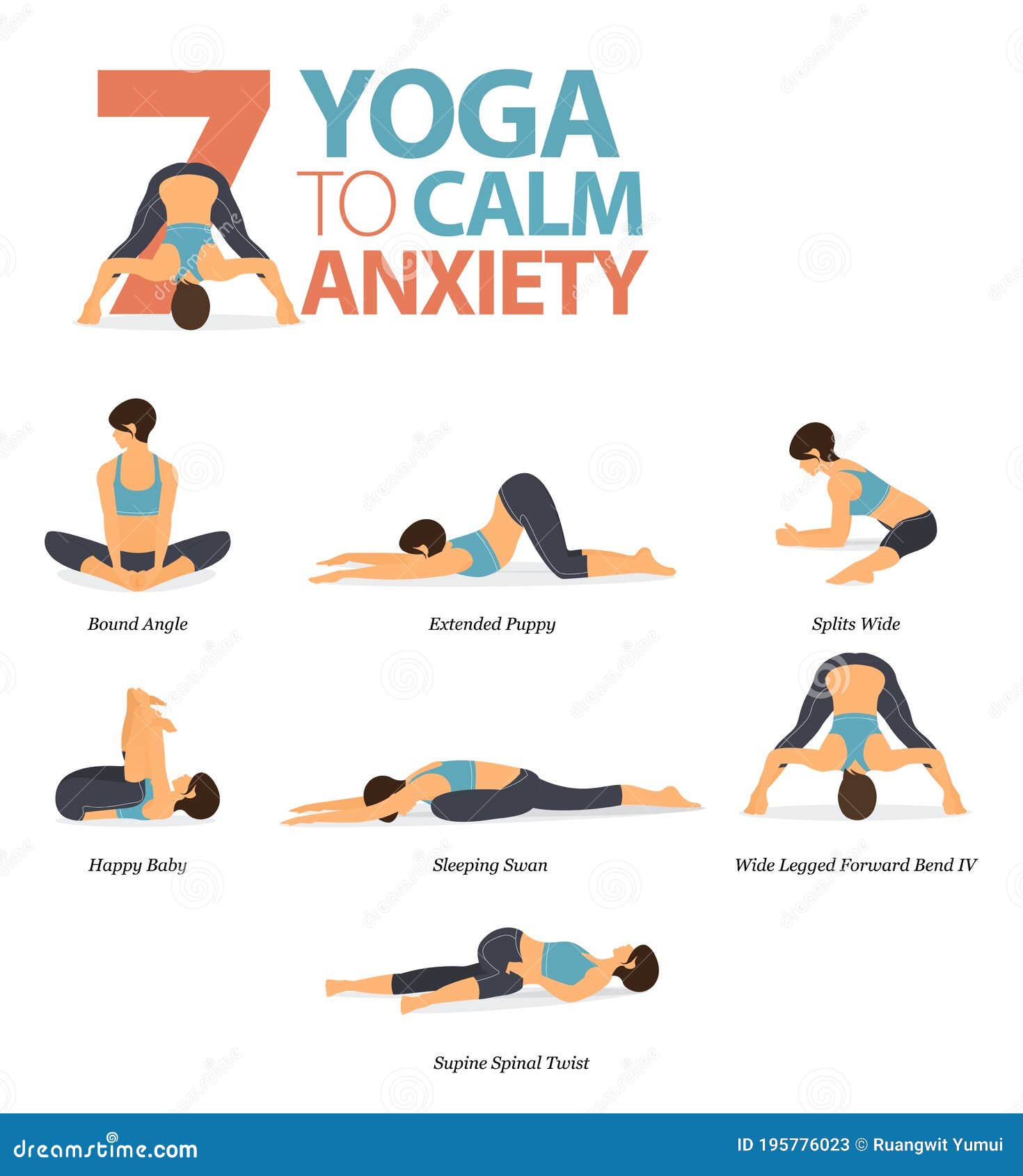 7 Yoga Poses To Calm Anxiety Concept. Women Exercising for Body