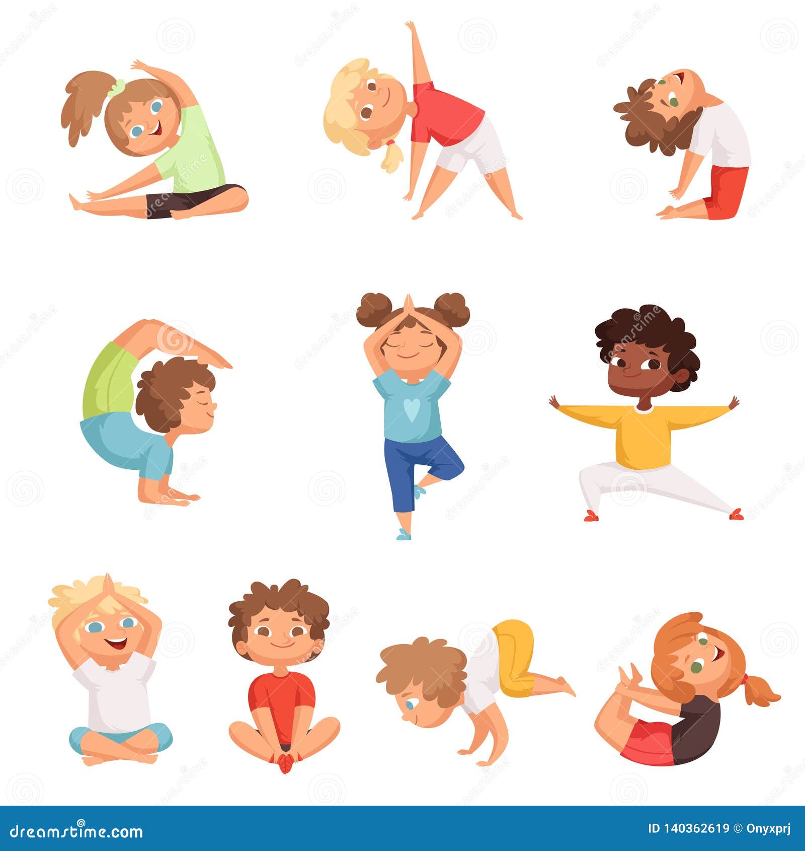 yoga kids characters. fitness sport childrens posing and making gymnastics yoga exercises  s