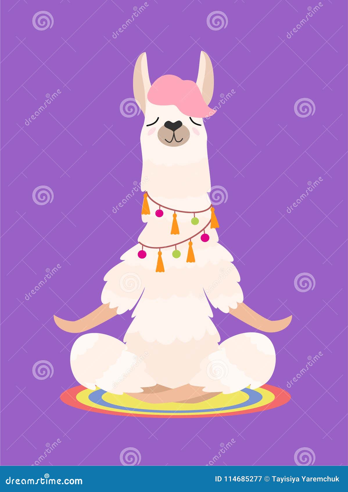 yoga llama meditates  on purple background.  .