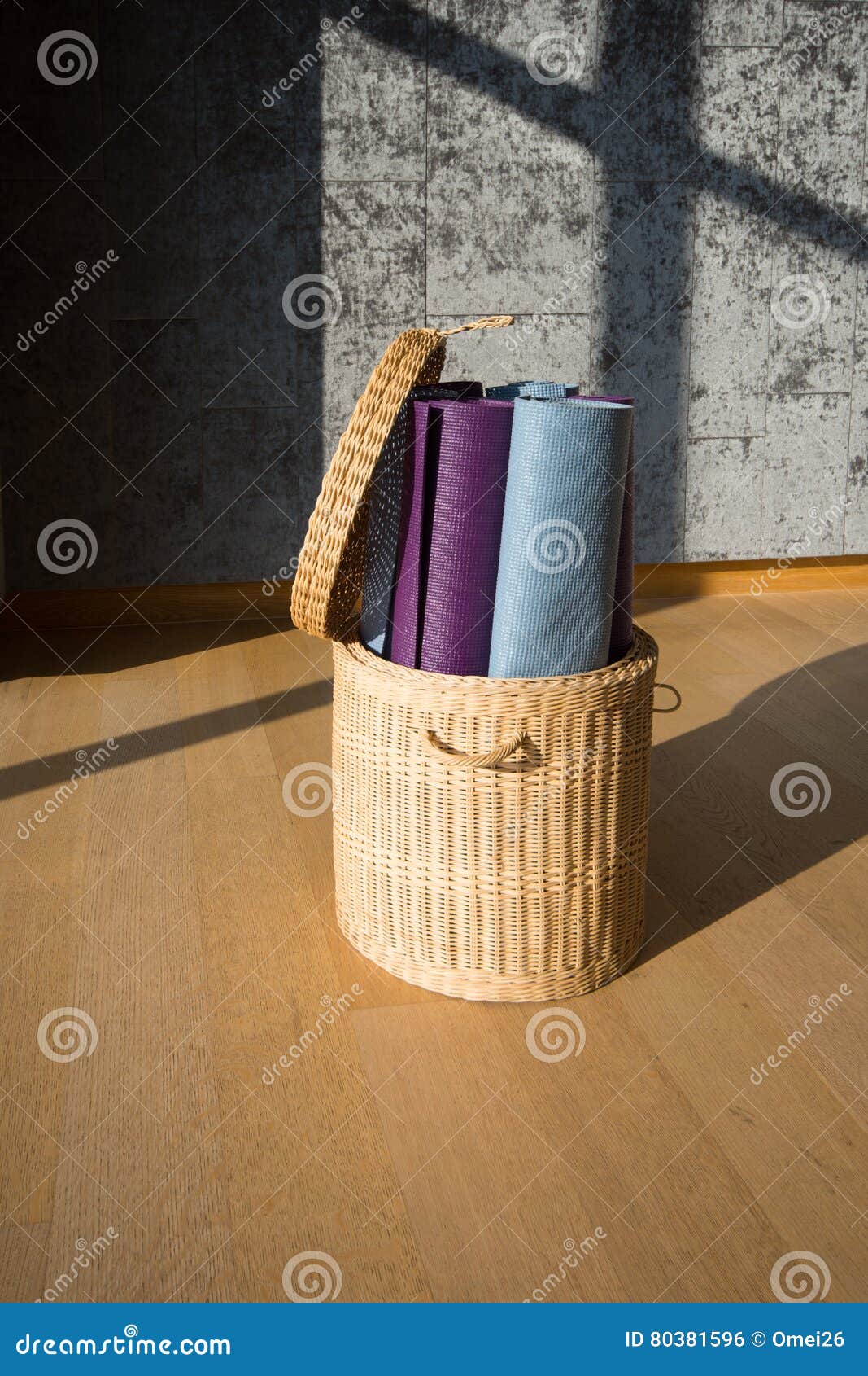 Yoga mat in the basket stock photo. Image of three, parquet 80381596