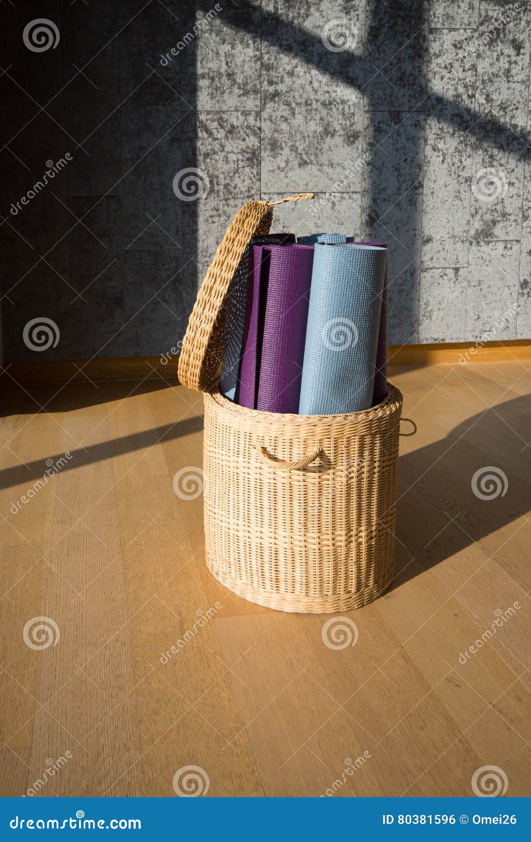 Yoga mat in the basket stock photo. Image of three, parquet - 80381596