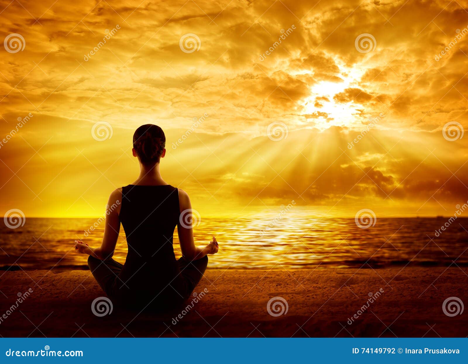 yoga meditating sunrise, woman mindfulness meditation on beach