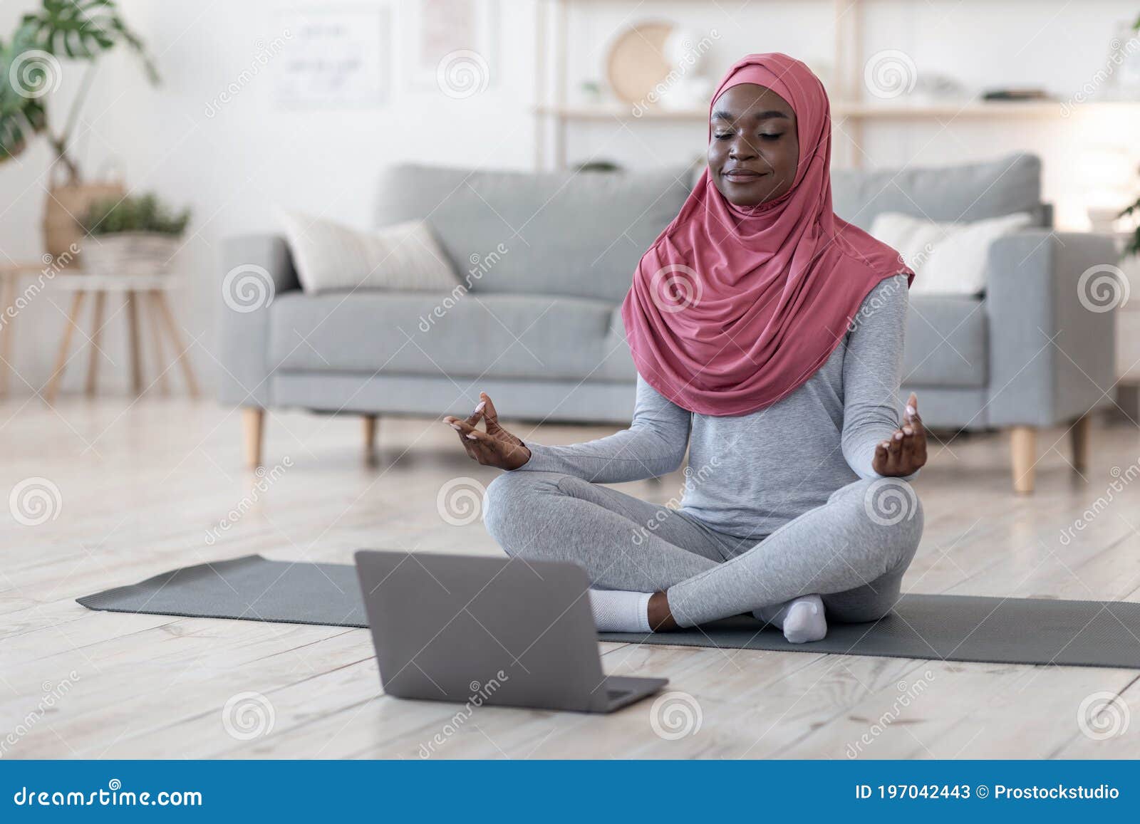 Yoga Online. Black Muslim Woman Meditating in Front of Laptop at Home Stock  Image - Image of computer, afro: 197042443