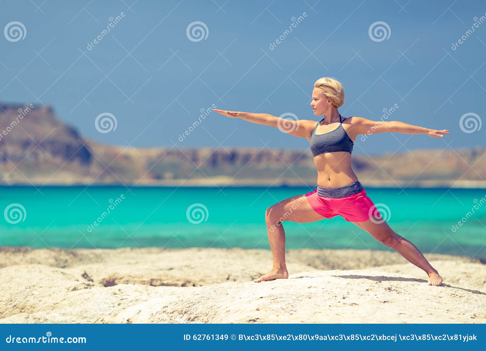 yoga pose, fit woman exercise on beach
