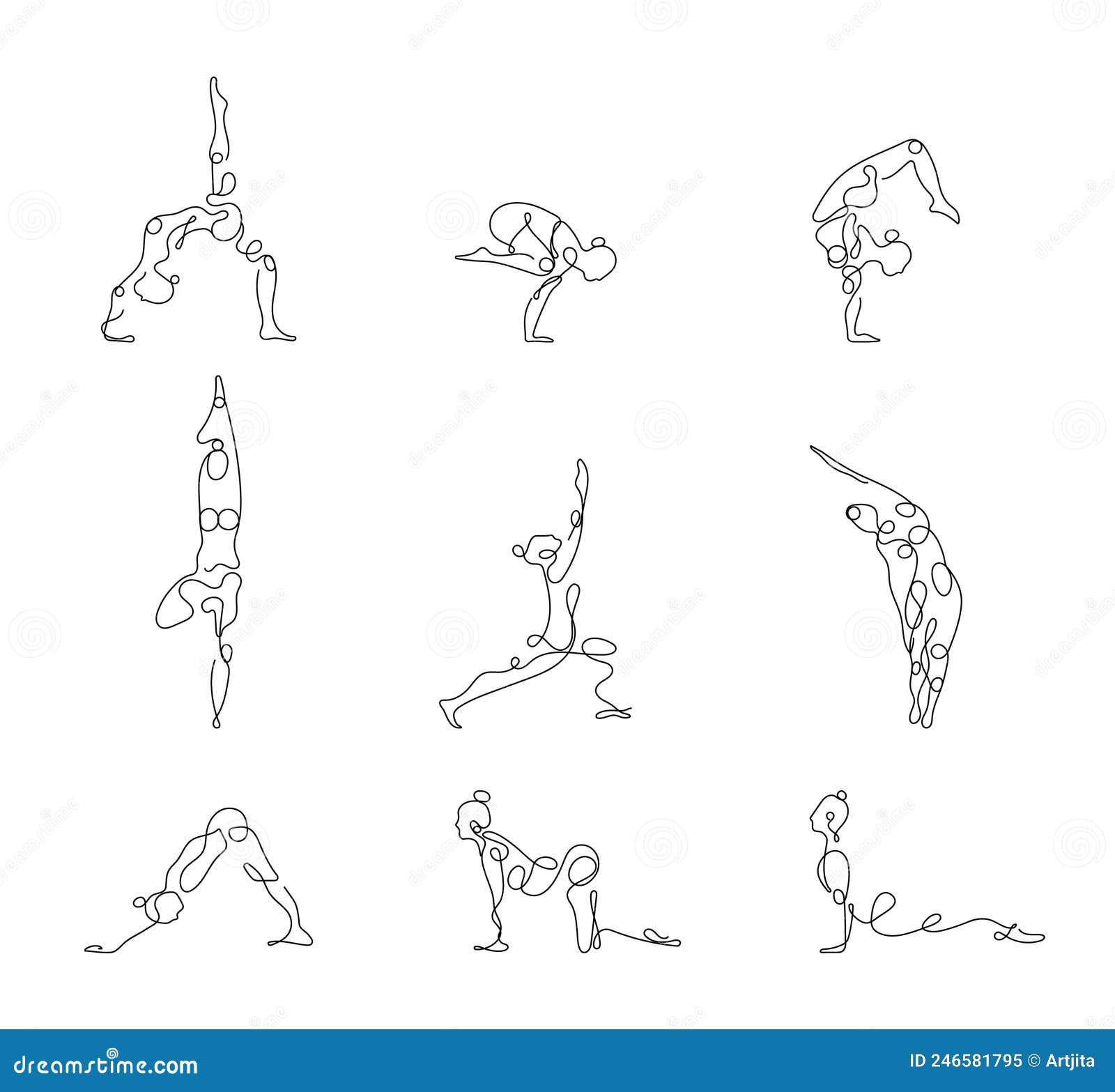 Yoga Pose Vector Set in Continuous Line Art, Hand Drawing Style on the ...