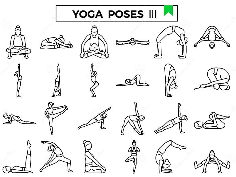 Yoga Poses Outline Design Icon Set. Stock Illustration - Illustration ...